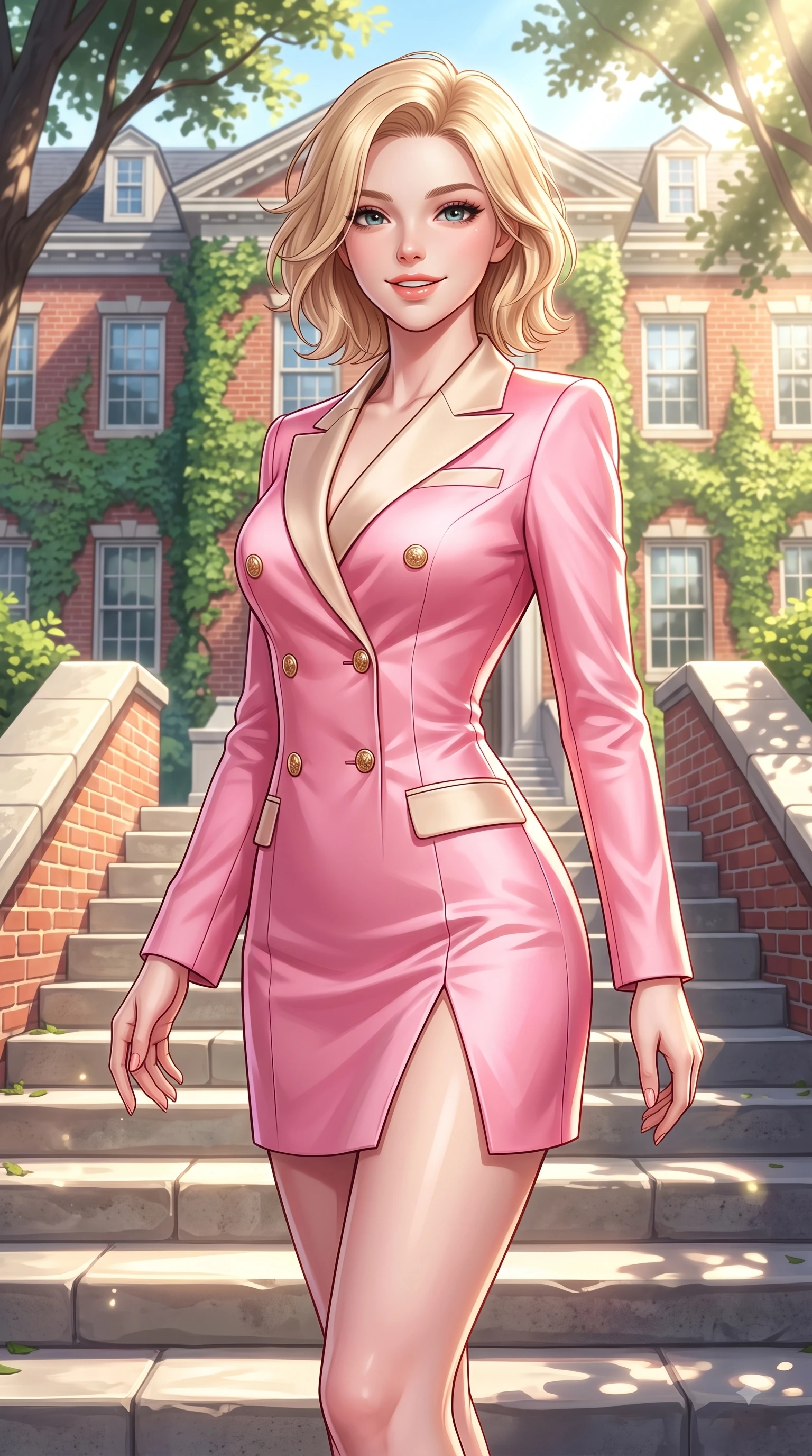 score_9, masterpiece, best quality, ultra-detailed, high-budget anime keyframe, editorial fashion photography, tasteful artistic composition, Caucasian woman. close-up cowboy shot from the waist and thighs up, the character dominates the composition, filling the frame with her large presence. Youthful bright smile exuding pure cute charm and fresh energy, her torso turning dynamically into the lens while pivoting dynamically on the stone steps of a red-brick ivy-draped hall with youthful grace. The surrounding environment is rendered in vivid detail and crisp panoramic clarity. bright spring sunbeams illuminating campus stone steps with clear environmental sharpness. She has an exceptionally elegant, slender, and willowy female figure with an ultra-slim waist, a gracefully sculpted slender torso, and a refined silhouette. sharp v-shaped jawline, high-bridge nose, intricate jewel-like eyes with depth, thick eyelashes, glossy lips with a natural sheen, flawlessly proportioned anatomical accuracy, natural body alignment, perfectly sculpted elegant limbs, clean dynamic posture without body distortion. wearing a sleek double-breasted blazer dress with gold button accents in bright cherry blossom pink and champagne, crafted from smooth liquid silk satin, featuring a sleek side leg slit ascending to mid-thigh, the form-contouring material highlighting her ultra-slim waist and long lines. bathed in brilliant sunny morning light filtering through tree canopies. highly saturated vibrant anime colors, detailed shading with soft gradients, rich glossy textures, high-contrast stereoscopic depth, volumetric dynamic lighting, master piece, 9:16 ratio