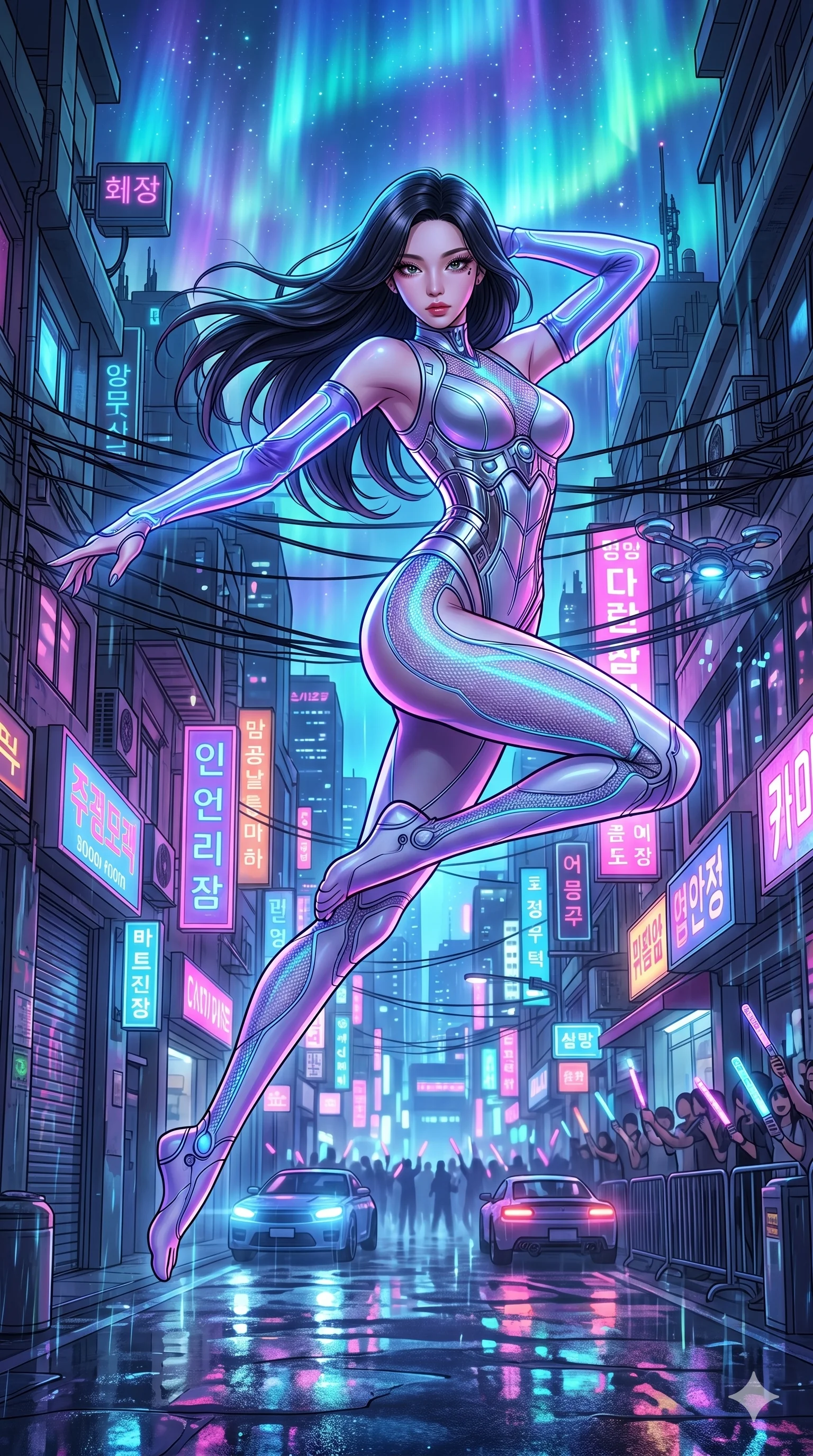 score_9, masterpiece, best quality, ultra-detailed, high-budget anime movie keyframe, cinematic anime lighting, intricate line art, Caucasian (strictly human ears) woman. Dynamic full-body shot stretching the vertical silhouette across the 9:16 frame. leaping gracefully in a neon-lit cyberpunk alleyway amidst aurora borealis. She has an absolutely perfect 8-heads proportion, an exceptionally tall and slender female figure with an ultra-slim waist and impossibly long slender legs. sharp v-shaped jawline, high-bridge nose, intricate jewel-like eyes, thick eyelashes, glossy lips. Wearing asymmetrical high-cut tech-bodysuit with detached glowing sleeves, chrome-plated mechanical corset, and bioluminescent mesh panels clinging to her slender figure. The scene is illuminated by dramatic atmospheric lighting and vibrant color palettes. , 2k, ultra detail, master piece, 9:16 ratio