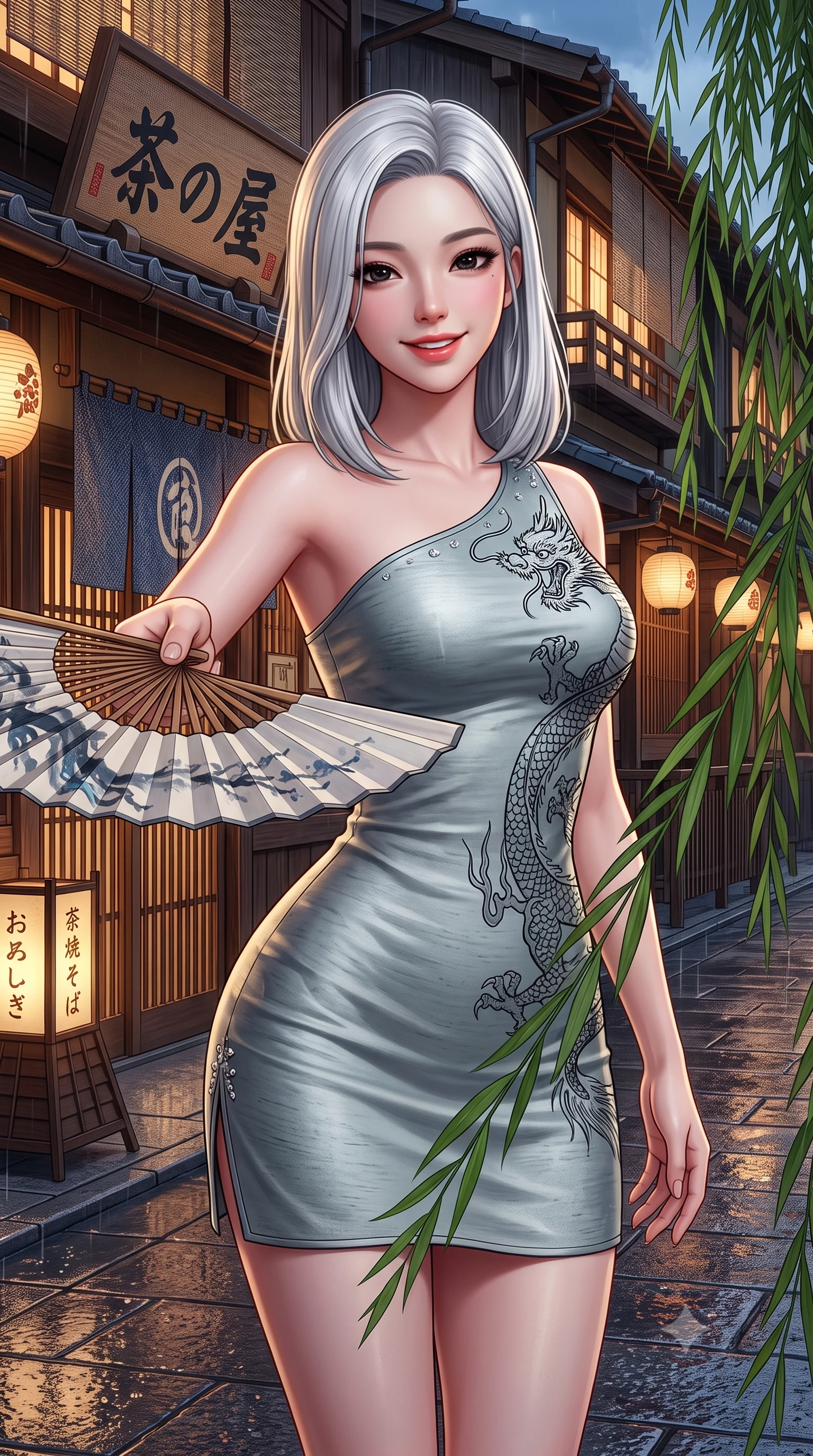 score_9, masterpiece, best quality, ultra-detailed, high-budget anime keyframe, semi-realistic 3D game render, editorial fashion photography, tasteful artistic composition, Korean woman. close-up cowboy shot from the waist and thighs up, the character dominates the composition, filling the frame with her large presence. playfully unfurling a painted silk fan toward the lens, her radiant smile capturing fresh girlhood charm while her arched torso reveals an intoxicating hip contour while twisting her slender torso in an alluring contrapposto stance, trailing weeping willow fronds brushing past her tight fusion dress and hips. The surrounding environment is rendered in vivid detail and crisp panoramic clarity: detailed brocade fabric weave, rain-kissed pavement sheen, and traditional Kyoto street architecture in razor-sharp clarity. She has an exceptionally elegant, slender, and willowy female figure with an ultra-slim waist, flat toned midriff, narrow ribcage, and sculpted feminine hips creating an alluring, slim hourglass silhouette without bulk. sharp v-shaped jawline, high-bridge nose, intricate jewel-like dark sparkling almond eyes with depth, thick lashes, glossy parted lips with a natural rose-plum sheen, bright alluring and coquettish smile with bedroom-eyes, exuding both timeless oriental elegance and sovereign high-fashion allure, flawlessly proportioned anatomical accuracy, strict slender model proportions, natural body alignment, perfectly sculpted long slender limbs, ultra-slim waistline, clean dynamic posture without body distortion. wearing an asymmetric one-shoulder dragon-embroidered silk mini dress hugging her narrow waist and rounded feminine hips in misty ink-wash slate grey and liquid silver, tailored from smooth celadon raw silk with natural organic slub texture, finished with subtle crystal rhinestones tracing the elegant neckline, the form-contouring cut accentuating her sculpted flat midriff, narrow delicate ribcage, and gracefully curvy hips with regal oriental supermodel elegance. bathed in the warm nostalgic glow of red paper street lanterns and teahouse window spill. highly saturated vibrant anime colors, detailed shading with soft gradients, rich glossy textures, high-contrast stereoscopic depth, volumetric dynamic lighting, master piece, 9:16 ratio