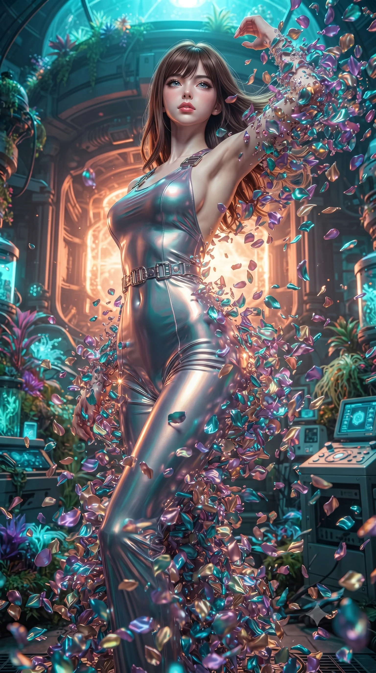 score_9, masterpiece, best quality, ultra-detailed, High-budget Anime Keyframe, editorial fashion photography, tasteful artistic composition, realistic cosplay photography, East Asian woman. Low angle cowboy shot filling the entire 9:16 frame with her statuesque presence. Scenario 274: dissolving into a cloud of iridescent silk petals inside a secret bio-dome containing a giant glowing fusion reactor. Her presence is magnetic and overpowering in this high-budget cinematic scene. Outfit 274: a slim-fit molten liquid silk bare with a backless design and metallic buckles. The clothing is designed to emphasize her exceptionally tall and slender 8-heads proportion. 8-heads proportion, towering silhouette, ultra-slim waist. sharp v-shaped jawline, intricate jewel-like eyes with depth, thick eyelashes, glossy lips. ultra-reflective glossy finish, specular highlights, metallic sheen, high-contrast stereoscopic depth, volumetric dynamic lighting, 2k, ultra detail, master piece, 9:16 ratio