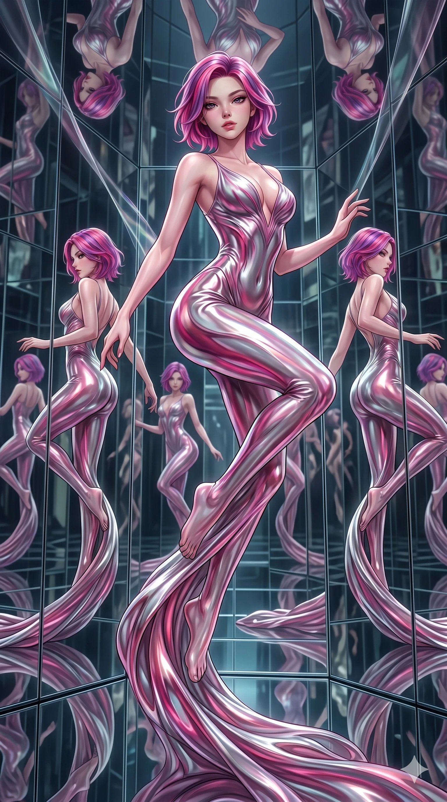 score_9, masterpiece, best quality, ultra-detailed, High-budget Anime Keyframe, East Asian woman. Dynamic full-body shot stretching the vertical silhouette to the limit. Scenario 216: Suspended by invisible silk threads in a hall of mirrors. Her presence is magnetic and overpowering in this high-budget anime scene. Outfit 216: A molten liquid silk mesh with a sculpted V-neckline and tight-fitting silhouette. The clothing is designed to emphasize her exceptionally tall and slender 8-heads proportion. 8-heads proportion, towering silhouette, ultra-slim waist. sharp v-shaped jawline, intricate jewel-like eyes with depth, thick eyelashes, glossy lips. 2k, ultra detail, master piece, 9:16 ratio