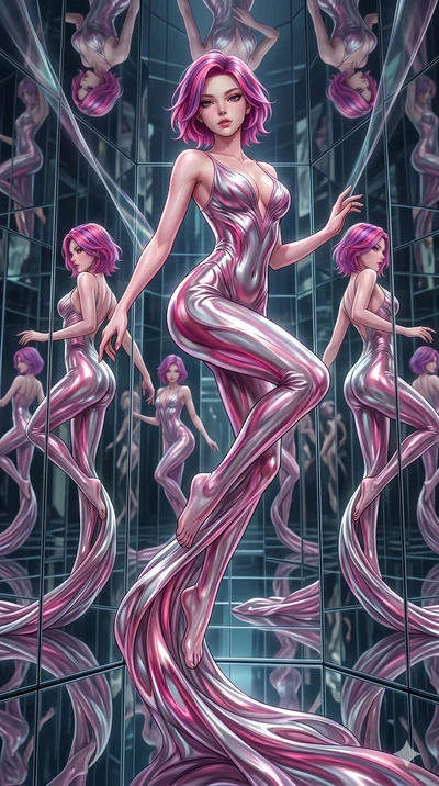 score_9, masterpiece, best quality, ultra-detailed, High-budget Anime Keyframe, East Asian woman. Dynamic full-body shot stretching the vertical silhouette to the limit. Scenario 216: Suspended by invisible silk threads in a hall of mirrors. Her pres