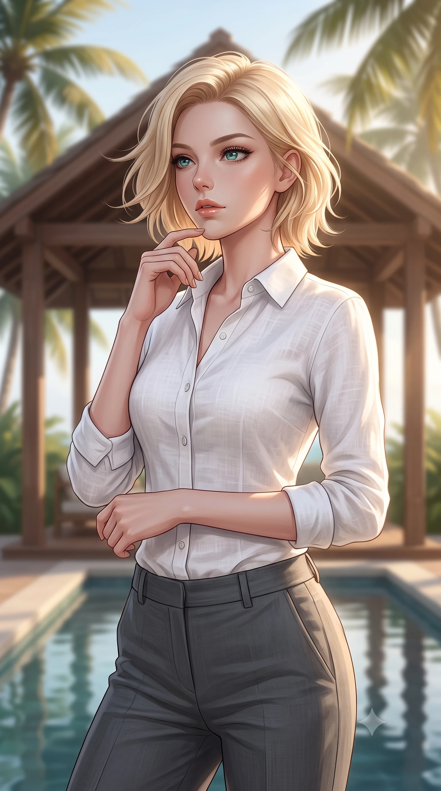 score_9, masterpiece, best quality, ultra-detailed, high-budget anime keyframe, editorial fashion photography, tasteful artistic composition, Caucasian woman woman. close-up cowboy shot from the waist and thighs up, the character dominates the composition, filling the frame with her large presence, background elements kept in soft focus. looking past the camera with a peaceful, thoughtful gaze, enjoying the warm sunlight the background shows a soft-focus a wooden open-air pavilion surrounded by lush tropical palm trees and a calm water pool. She has an exceptionally elegant, slender, and willowy female figure with an ultra-slim waist, a gracefully sculpted slender torso, and a refined silhouette. sharp v-shaped jawline, high-bridge nose, intricate jewel-like eyes with depth, thick eyelashes, glossy lips with a natural sheen. wearing a form-contouring classic white linen button-down shirt over charcoal grey trousers. soft diffused tropical morning sunrays creating a serene resort vibe. 2k, ultra detail, master piece, 9:16 ratio
