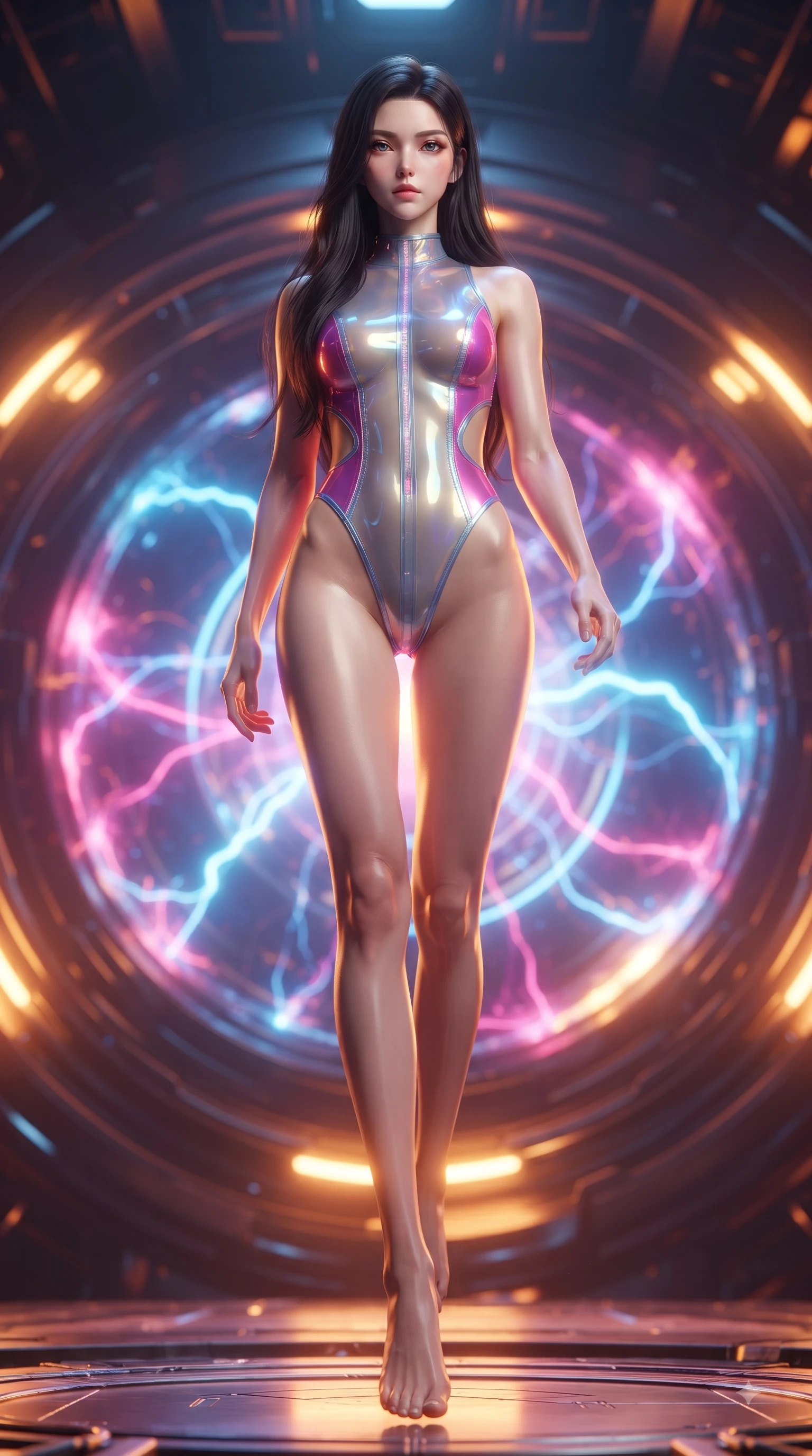 score_9, masterpiece, best quality, ultra-detailed, high-budget anime keyframe, editorial fashion photography, tasteful artistic composition, Korean woman. low angle full-body shot from head to toe showing her feet, filling the entire 9:16 vertical frame with her statuesque presence, stretching her vertical silhouette. striding forward in a proud, statuesque motion with a dangerous smolder, her vertical silhouette dominating the frame from head to toe while levitating dynamically in the center of an anti-gravity quantum core as glowing plasma arcs swirl. The composition keeps background elements in soft focus with creamy bokeh. molten energy streams blurring smoothly into a high-energy futuristic backdrop. She has an absolutely perfect, statuesque 8.5-heads proportion, an exceptionally tall and slender model-like female figure with impossibly long slender legs and an ultra-slim waist. sharp v-shaped jawline, high-bridge nose, intricate jewel-like eyes with depth, thick eyelashes, glossy lips with a natural sheen, flawlessly proportioned anatomical accuracy, natural body alignment, perfectly sculpted elegant limbs, clean dynamic posture without body distortion. wearing a high-cut translucent vinyl leotard with front paneling, exposed side-rib cutouts, and an open back in chromatic platinum and blazing neon magenta, tailored from semi-translucent cybernetic vinyl with glowing micro-filaments, complemented by criss-cross back straps highlighting her completely bare spine, the daring cutouts accentuating her delicate midriff, graceful collarbones, and feminine contour. bathed in blazing golden-orange plasma radiance and sharp electric rim lighting. ultra-reflective glossy finish, specular highlights, metallic sheen, high-contrast stereoscopic depth, volumetric dynamic lighting, 2k, ultra detail, master piece, 9:16 ratio