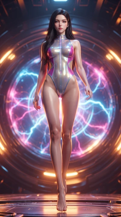 score_9, masterpiece, best quality, ultra-detailed, high-budget anime keyframe, editorial fashion photography, tasteful artistic composition, Korean woman. low angle full-body shot from head to toe showing her feet, filling the entire 9:16 vertical f