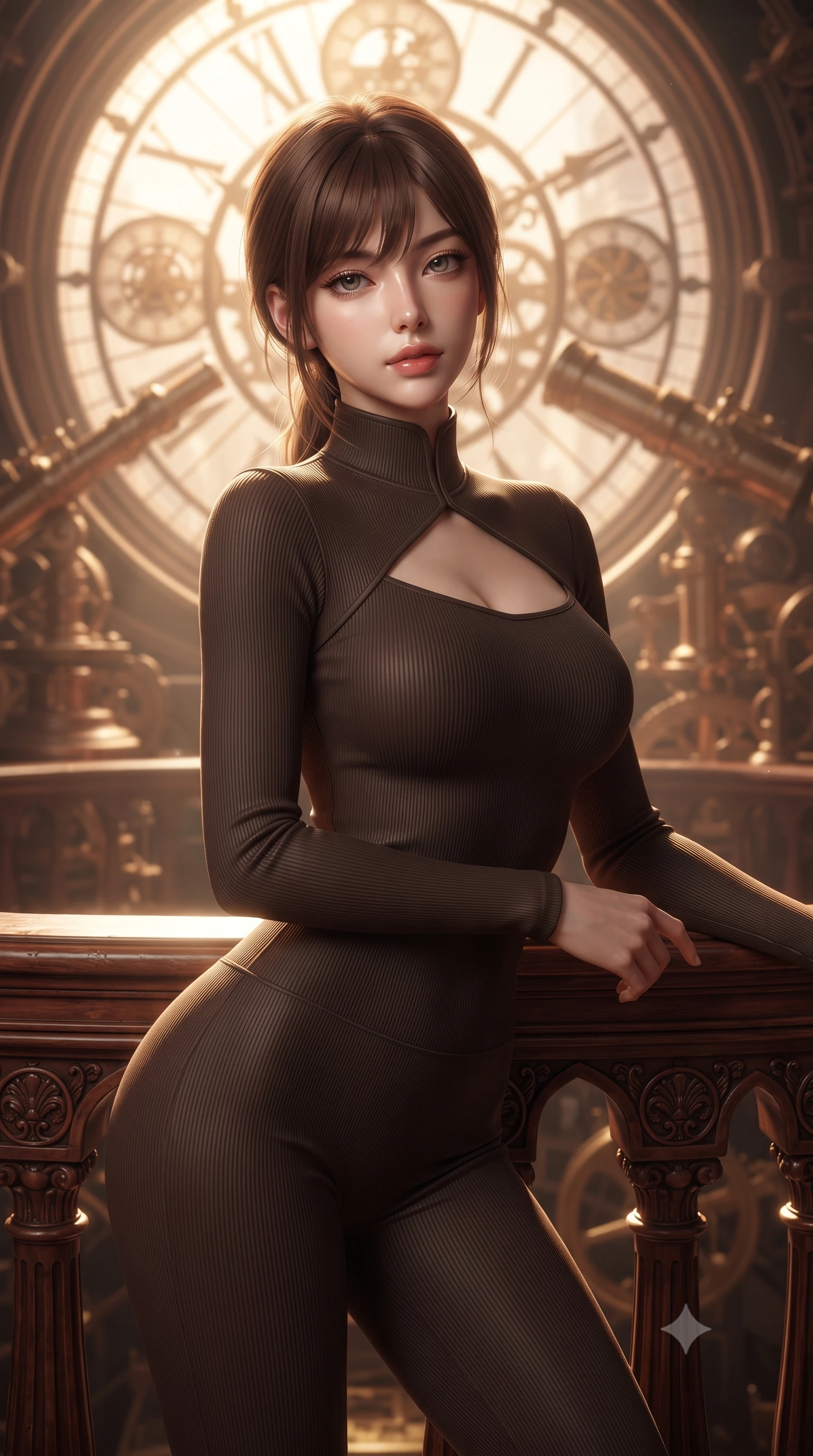 score_9, masterpiece, best quality, ultra-detailed, high-budget anime keyframe, editorial fashion photography, tasteful artistic composition, Korean woman. close-up cowboy shot from the waist and thighs up, the character dominates the composition, filling the frame with her large presence, background elements kept in soft focus. Leaning slightly forward with a composed, seductive gaze under soft glowing light leaning against a vintage mahogany balustrade inside a mechanical observatory, dramatic twilight amber light streaming through the giant clock window. She has an exceptionally elegant, slender, and willowy female figure with an ultra-slim waist, a gracefully sculpted slender torso, and a refined silhouette. sharp v-shaped jawline, high-bridge nose, intricate jewel-like eyes with depth, thick eyelashes, glossy lips with a natural sheen. wearing a form-fitting ribbed activewear set in espresso brown with elegant collar cutouts, the form-contouring material highlighting her ultra-slim waist and long lines. illuminated by a brilliant golden hour glow filtering through clockwork dials. ultra-reflective glossy finish, specular highlights, metallic sheen, high-contrast stereoscopic depth, volumetric dynamic lighting, 2k, ultra detail, master piece, 9:16 ratio