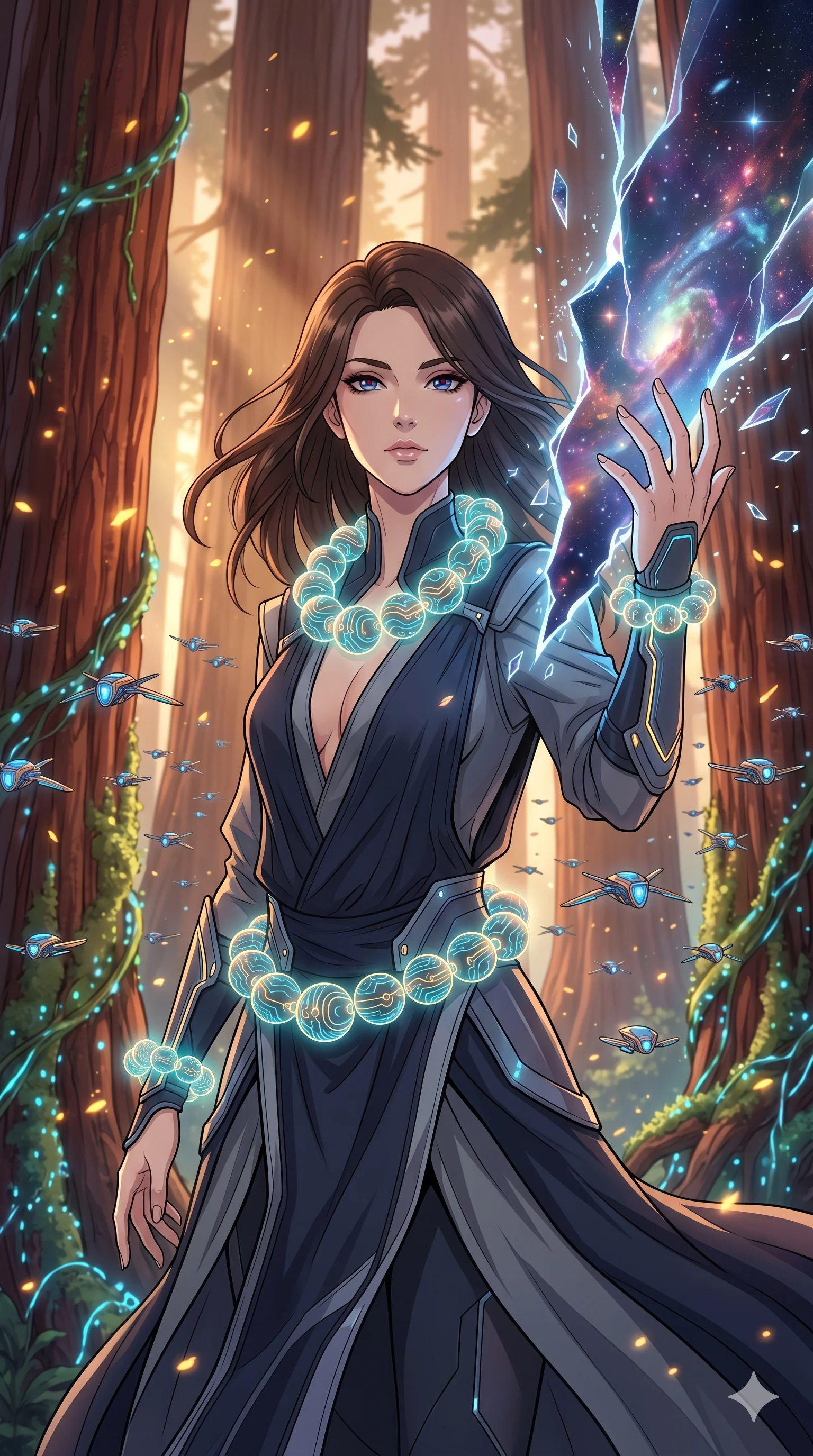 score_9, masterpiece, best quality, ultra-detailed, Set A: High-budget Anime Keyframe, Caucasian (human ears) woman. Upper body close-up from the thighs up, character filling the screen for maximum presence. Theme: Abstract Cosmic. shattering the fabric of reality in a giant redwood forest with glowing vines, surrounded by 159 hovering guardian drones. The atmosphere is filled with golden hour with floating embers. She has an absolutely perfect 8-heads proportion, an exceptionally tall and slender female figure with impossibly long slender legs and an ultra-slim waist. Sharp v-shaped jawline, high-bridge nose, intricate jewel-like eyes with depth, glossy lips. Wearing Cyber-monk robes with glowing circuit-patterned prayer beads and a deep V-cut. Cinematic lighting, vivid colors, dramatic shadows, 2k, ultra detail, master piece, 9:16 ratio