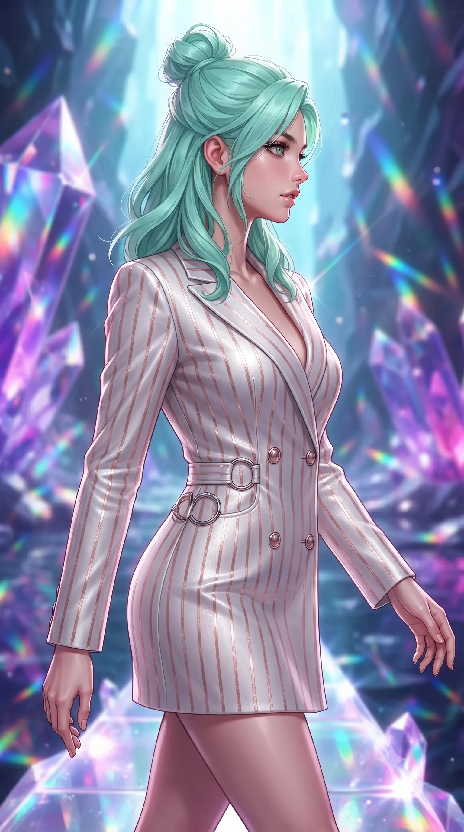 score_9, masterpiece, best quality, ultra-detailed, high-budget anime keyframe, editorial fashion photography, tasteful artistic composition, Japanese woman. close-up cowboy shot from the waist and thighs up, the character dominates the composition, filling the frame with her large presence, background elements kept in soft focus. Turning her face in sharp dramatic profile against the bright light, showcasing her sharp v-shaped jawline stepping along a glowing quartz crystal bridge over a subterranean mirror lake, massive violet and magenta crystal facets scattering prismatic light rays. She has an exceptionally elegant, slender, and willowy female figure with an ultra-slim waist, a gracefully sculpted slender torso, and a refined silhouette. sharp v-shaped jawline, high-bridge nose, intricate jewel-like eyes with depth, thick eyelashes, glossy lips with a natural sheen. wearing a double-breasted blazer dress with metallic pin-stripes in pearl white and rose gold, made of premium stretch velvet with a rich sheen, accented with delicate chrome ring hardware framing her waist, the sleek second-skin texture accentuating her magnetic presence. surrounded by a cool jewel-toned luminescence with bright specular rim lights. highly saturated vibrant anime colors, detailed shading with soft gradients, rich glossy textures, high-contrast stereoscopic depth, volumetric dynamic lighting, master piece, 9:16 ratio