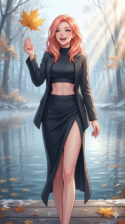 score_9, masterpiece, best quality, ultra-detailed, high-budget anime keyframe, vibrant anime aesthetic, Japanese woman. cowboy shot from the thighs up, character and outfit filling the frame for maximum presence. She is tossing a maple leaf with a h