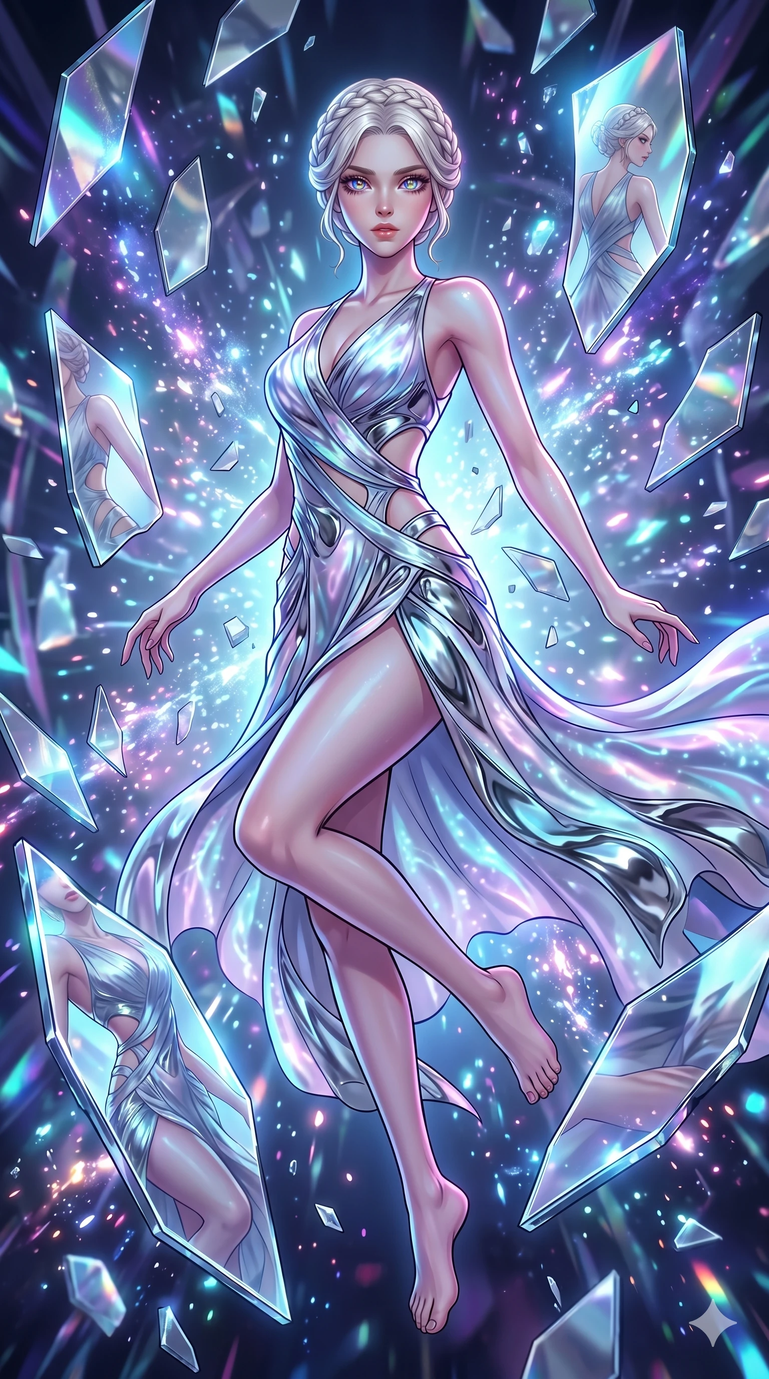 score_9, masterpiece, best quality, ultra-detailed, Set A: High-budget Anime Keyframe, Korean woman. Low angle cowboy shot filling the entire 9:16 frame with her statuesque presence. Leaping through a dimension of floating mirrors, while her eyes glow with 280 different colors and surrounded by glowing energy sparks. She has an absolutely perfect 8-heads proportion, an exceptionally tall and slender female figure with impossibly long slender legs and an ultra-slim waist. Sharp v-shaped jawline, high-bridge nose, intricate jewel-like eyes with depth, thick eyelashes, glossy lips with a natural sheen. Wearing Bioluminescent silk wrap dress with strategic side cut-outs and liquid mercury textures. Cinematic lighting, vibrant colors, dramatic shadows, 2k, ultra detail, master piece, 9:16 ratio