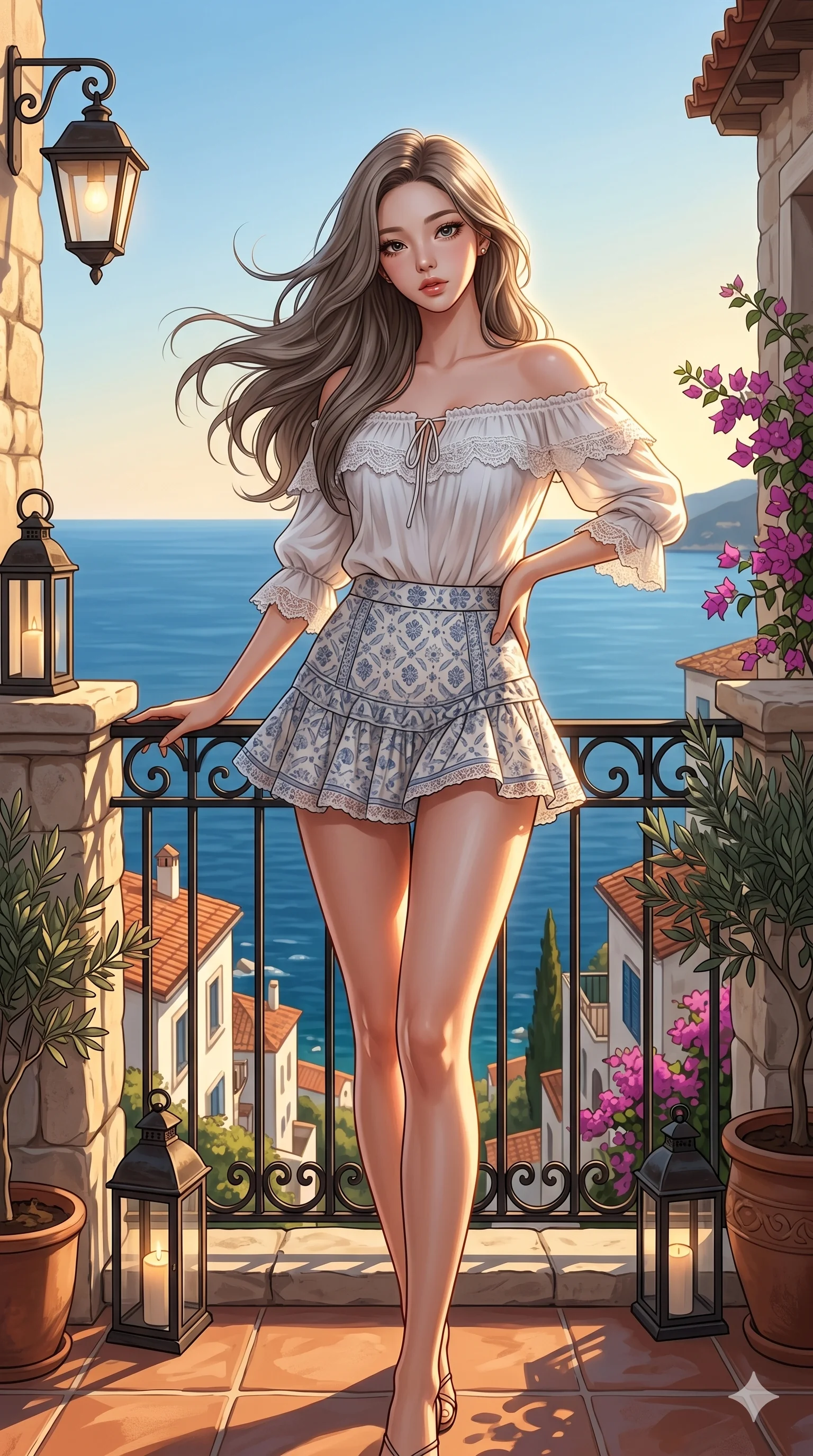 score_9, masterpiece, best quality, ultra-detailed, semi-realistic high-budget anime keyframe, an incredibly beautiful Japanese anime girl. Low angle cowboy shot filling the frame. She has an absolutely perfect 8-heads proportion, an exceptionally tall female figure with a slim-fit toned body. Her face is a highly detailed masterpiece featuring a v-shaped jawline, high-bridge nose, intricate jewel-like eyes, thick eyelashes, and glossy lips. She has ash brown flowing hair. She is wearing a seductive off-shoulder summer blouse and a micro mini skirt, revealing sensual legs, highlighting her alluring silhouette. Mediterranean villa balcony, cinematic coastal lighting, dramatic rim lighting, cinematic shadows, 2k, ultra detail, master piece, 9:16 ratio