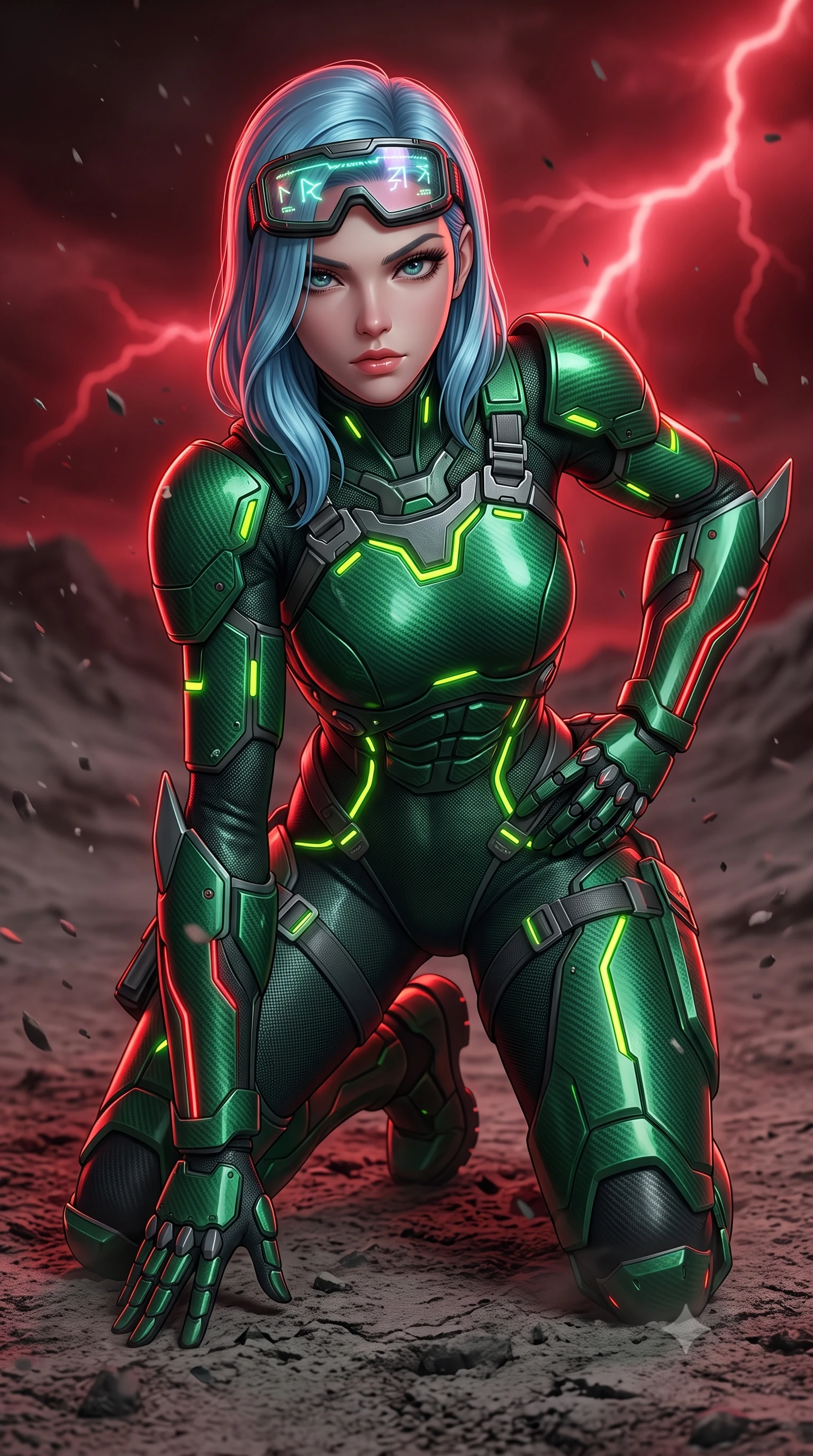 score_9, masterpiece, best quality, ultra-detailed, high-budget anime keyframe, semi-realistic 3D game render, editorial fashion photography, tasteful artistic composition, Korean woman. close-up cowboy shot from the waist and thighs up, the character dominates the composition, filling the frame with her large presence. resting one armored hand on her hip while glancing over her shoulder with thick eyelashes and an indomitable, smoldering combat gaze while kneeling on one knee to inspect the barren earth, looking up with a piercing, majestic gaze through drifting ash flakes. The surrounding environment is rendered in vivid detail and crisp panoramic clarity. sharp carbon pauldron edge bevels, glowing red conduit lines, and textured ash ground in deep focus. She has an exceptionally elegant, slender, and willowy female figure with an ultra-slim waist, a gracefully sculpted slender torso, toned flat midriff, and a refined slim silhouette. sharp v-shaped jawline, high-bridge nose, intricate jewel-like eyes with depth, thick eyelashes, glossy lips with a natural sheen, fierce and resolute heroine expression, flawlessly proportioned anatomical accuracy, strict slender model proportions, natural body alignment, perfectly sculpted long slender limbs, ultra-slim waistline, clean dynamic posture without body distortion. wearing high-tech holographic tactical goggles resting tipped up on her forehead, casting glowing neon runes across her brow without obscuring her features, paired with a heavy modular carbon-fiber combat cuirass paired with a second-skin tactical leotard and reinforced titanium shoulder pauldrons in toxic emerald green carbon composite with glowing lime warning channels, made of liquid carbon-jersey fabric accentuating every curve of her tall, slender model proportions, reinforced by a heavy-duty titanium tactical harness and glowing micro-energy status straps, the liquid-tight tailored fabric emphasizing every curve of her tall, slender model proportions and sculptured silhouette during dynamic movement. bathed in eerie crimson lightning storm backlighting and ominous dark ash ambient fill. rich saturated anime colors with glowing neon highlights, detailed shading with soft gradients, rich glossy textures, high-contrast stereoscopic depth, volumetric dynamic lighting, master piece, 9:16 ratio