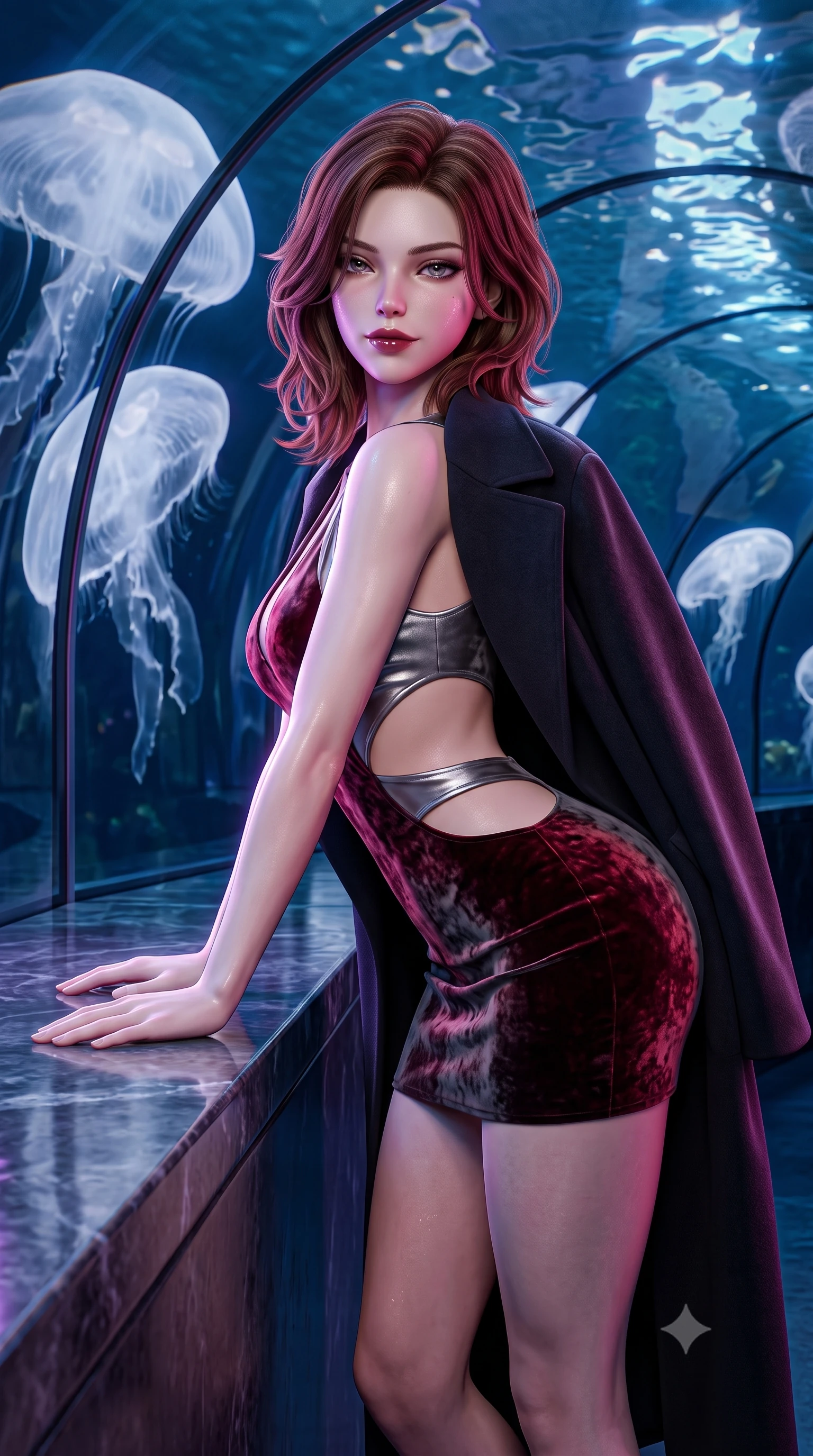 score_9, masterpiece, best quality, ultra-detailed, high-budget anime keyframe, semi-realistic 3D game render, editorial fashion photography, tasteful artistic composition, Korean woman. close-up cowboy shot from the waist and thighs up, the character dominates the composition, filling the frame with her large presence. leaning forward over the counter while arching her lower back to accentuate her curvy hips, looking into the lens with a dangerous smoldering half-smile and bedroom-eyes while standing centered within the curved acrylic tunnel as colossal translucent moon jellyfish pulse silently, arching her back with an ethereal, sovereign expression. The surrounding environment is rendered in vivid detail and crisp panoramic clarity. detailed glossy outfit reflections, delicate skin highlights, and aquarium tunnel architecture in high clarity. She has an exceptionally elegant, slender, and willowy female figure with an ultra-slim waist, flat toned midriff, narrow ribcage, and sculpted feminine hips creating an alluring, slim hourglass silhouette without bulk. sharp v-shaped jawline, high-bridge nose, intricate jewel-like dark sparkling eyes with dangerous depth, thick curled eyelashes, glossy parted lips with a rich wine sheen, smoldering seductive half-smile with bedroom-eyes, exuding effortless superiority and intoxicating dark allure, flawlessly proportioned anatomical accuracy, strict slender model proportions, natural body alignment, perfectly sculpted long slender limbs, ultra-slim waistline, clean dynamic posture without body distortion. wearing a cut-out liquid silver mini dress with open-waist architecture emphasizing her hourglass curves in ruby crimson and muted shadow black, tailored from crushed dark velvet with deep light-absorbing plush texture, complemented by an oversized dark cashmere coat draped casually over one shoulder, the form-contouring cut accentuating her sculpted flat midriff, narrow delicate ribcage, and gracefully curvy hips with sovereign high-fashion precision. illuminated by pulsating ultraviolet rim lights and caustic water reflections sharply carving her razor-sharp jawline, narrow waist, and curvy hips. highly saturated vibrant anime colors, detailed shading with soft gradients, rich glossy textures, high-contrast stereoscopic depth, volumetric dynamic lighting, master piece, 9:16 ratio