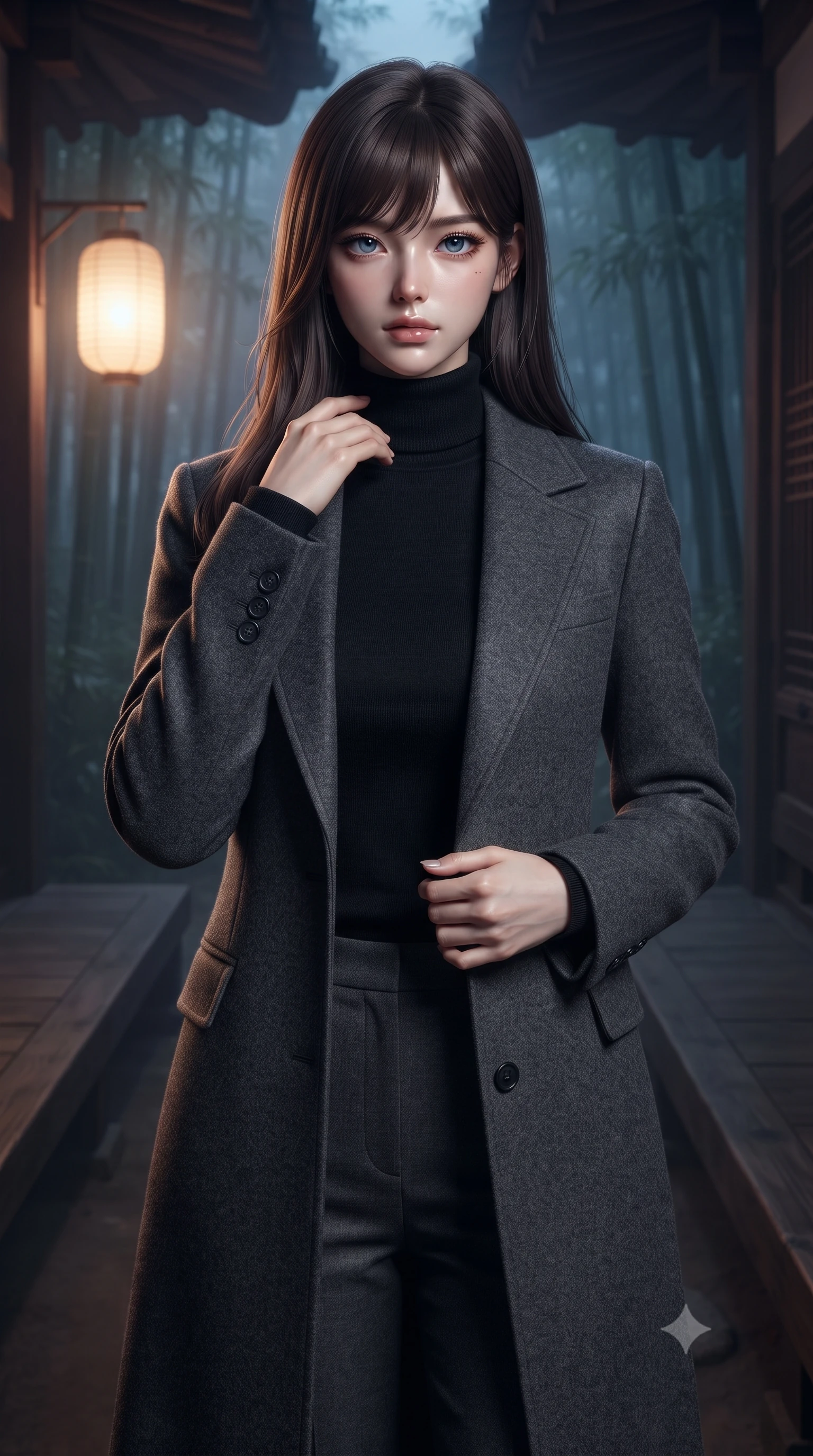 score_9, masterpiece, best quality, ultra-detailed, high-budget anime keyframe, editorial fashion photography, tasteful artistic composition, Korean woman. close-up cowboy shot from the waist and thighs up, the character dominates the composition, filling the frame with her large presence, background elements kept in soft focus. standing with one hand resting on her collarbone, looking at the viewer with bedroom-eyes the background shows a soft-focus the wooden veranda of a traditional estate facing a misty bamboo grove at midnight. She has an exceptionally elegant, slender, and willowy female figure with an ultra-slim waist, a gracefully sculpted slender torso, and a refined silhouette. sharp v-shaped jawline, high-bridge nose, intricate jewel-like eyes with depth, thick eyelashes, glossy lips with a natural sheen. wearing a slim-fit tailored wool trench coat in charcoal grey, worn closed over a black cashmere turtleneck and trousers. soft midnight fog diffusing the warm light of a paper lantern. ultra-reflective glossy finish, specular highlights, metallic sheen, high-contrast stereoscopic depth, volumetric dynamic lighting, 2k, ultra detail, master piece, 9:16 ratio