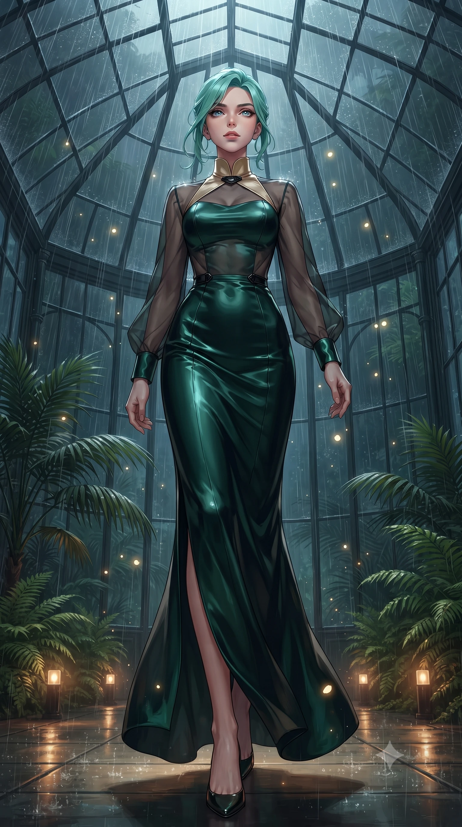 score_9, masterpiece, best quality, ultra-detailed, high-budget anime keyframe, editorial fashion photography, tasteful artistic composition, Japanese woman. low angle full-body shot from head to toe showing her feet, filling the entire 9:16 vertical frame with her statuesque presence, stretching her vertical silhouette. interacting with glowing light particles, her long slender legs poised in motion, walking through a glass conservatory shrouded in thick midnight rain fog, torrential rain streaming down glass roof glinting under warm floor spotlights. She has an absolutely perfect, statuesque 8.5-heads proportion, an exceptionally tall and slender model-like female figure with impossibly long slender legs and an ultra-slim waist. sharp v-shaped jawline, high-bridge nose, intricate jewel-like eyes with depth, thick eyelashes, glossy lips with a natural sheen. wearing long-sleeved dark emerald satin gown with high structured collar in champagne gold, made of sheer dark organza overlay, adorned with minimalist black onyx hardware framing the silhouette, the fitted fabric emphasizing her ultra-slim waist. illuminated by warm amber floor lights filtering through tropical greenery. ultra-reflective glossy finish, specular highlights, metallic sheen, high-contrast stereoscopic depth, volumetric dynamic lighting, 2k, ultra detail, master piece, 9:16 ratio