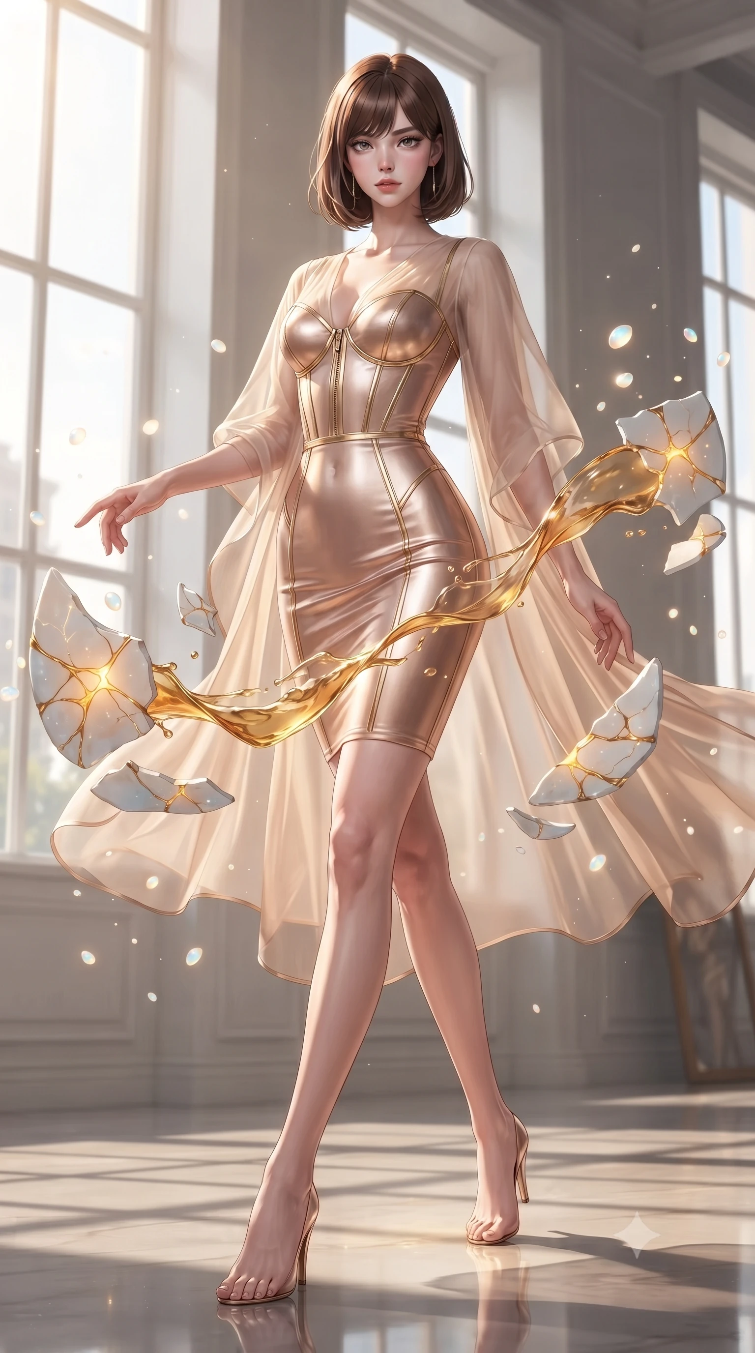 score_9, masterpiece, best quality, ultra-detailed, high-budget anime keyframe, editorial fashion photography, tasteful artistic composition, Korean woman. low angle full-body shot from head to toe showing her feet, filling the entire 9:16 vertical frame with her statuesque presence, stretching her vertical silhouette. interacting with floating opal particles, her long slender legs poised in motion, guiding viscous golden kintsugi liquid hovering between shattered opal ceramic shards, glowing gold kintsugi veins radiating warm inner light from porcelain cracks. She has an absolutely perfect, statuesque 8.5-heads proportion, an exceptionally tall and slender model-like female figure with impossibly long slender legs and an ultra-slim waist. sharp v-shaped jawline, high-bridge nose, intricate jewel-like eyes with depth, thick eyelashes, glossy lips with a natural sheen. wearing aerodynamic second-skin rose-gold metallic bodycon dress in champagne gold, made of sheer opal chiffon overlay, finished with metallic gold boning and sleek zipper points, the fitted fabric emphasizing her ultra-slim waist. bathed in bright natural daylight filtering through large atelier windows. ultra-reflective glossy finish, specular highlights, metallic sheen, high-contrast stereoscopic depth, volumetric dynamic lighting, 2k, ultra detail, master piece, 9:16 ratio