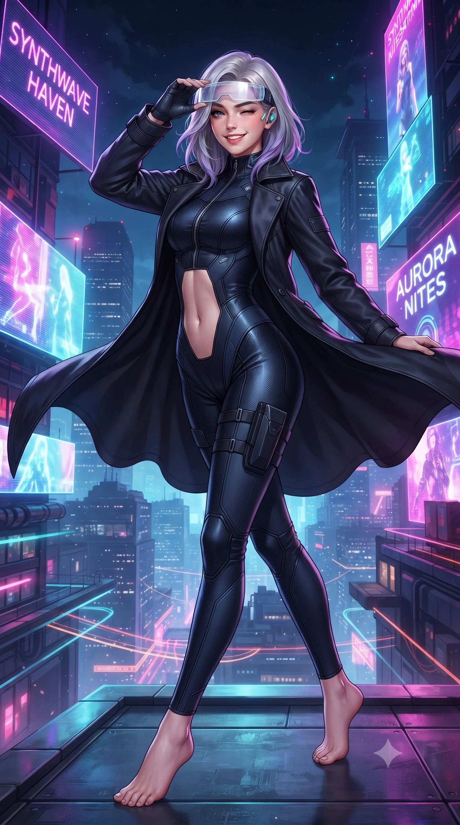 score_9, masterpiece, best quality, ultra-detailed, high-budget anime keyframe, editorial fashion photography, tasteful artistic composition, Caucasian woman. low angle full-body shot from head to toe showing her feet, filling the entire 9:16 vertical frame with her statuesque presence, stretching her vertical silhouette. executing an elegant mid-motion spin with effortless grace, her garments fluttering softly around her ultra-slim waistline while adjusting her futuristic cyber-visor over her brow while casting a bold, playful wink and bright smile into the camera. The surrounding environment is rendered in vivid detail and crisp panoramic clarity. vibrant futuristic rave chiaroscuro and exhilarating high-altitude electronic nightlife in precision. She has an absolutely perfect, statuesque 8.5-heads proportion, an exceptionally tall and slender model-like female figure with impossibly long slender legs, a toned flat midriff, and an ultra-slim waist. sharp v-shaped jawline, high-bridge nose, intricate jewel-like eyes with depth, thick eyelashes, glossy lips with a natural sheen, captivating and magnetic expression, flawlessly proportioned anatomical accuracy, strict slender model proportions, natural body alignment, perfectly sculpted long slender limbs, ultra-slim waistline, clean dynamic posture without body distortion. wearing a sleek second-skin dark carbon-weave infiltration catsuit paired with a tailored long leather trench coat in stealth obsidian black and midnight navy, crafted from flexible ballistic matte leather and ultra-sleek stretch neoprene, equipped with a minimalist titanium leg holster and smart holographic earpiece edition #25, the liquid-tight tailored fabric emphasizing every curve of her tall, slender model proportions and sculptured silhouette during dynamic movement. bathed in flashing RGB strobe lights and glowing holographic billboard backlighting. ultra-reflective glossy finish, specular highlights, rich textural contrasts, high-contrast stereoscopic depth, volumetric dynamic lighting, 2k, ultra detail, master piece, 9:16 ratio