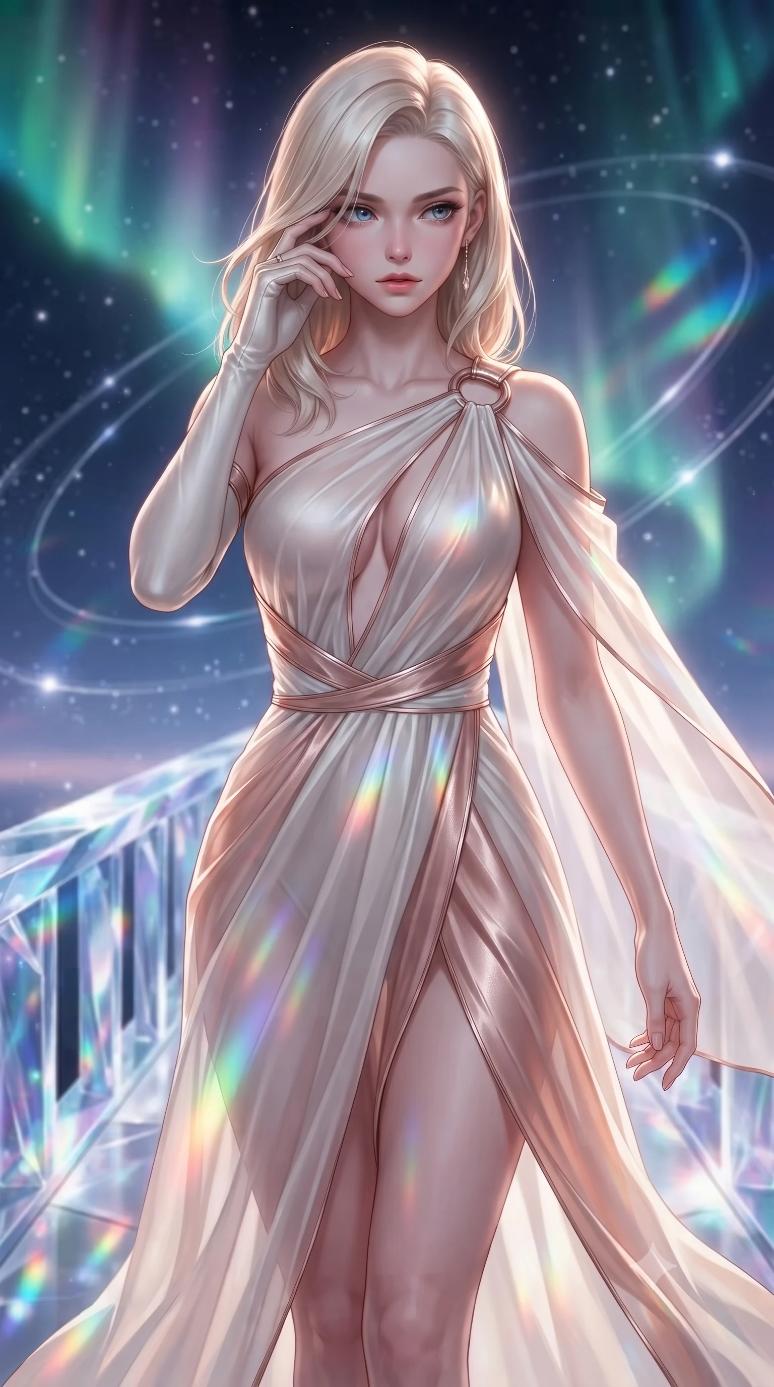 score_9, masterpiece, best quality, ultra-detailed, high-budget anime keyframe, editorial fashion photography, tasteful artistic composition, Caucasian woman. close-up cowboy shot from the waist and thighs up, the character dominates the composition, filling the frame with her large presence, background elements kept in soft focus. Resting her fingers gracefully near her temple, casting a sharp mysterious side-gaze during her stride while stepping forward with proud posture along a crystalline bridge under a cosmic aurora, floating starlight dust drifting around her in dynamic orbital paths. She has an exceptionally elegant, slender, and willowy female figure with an ultra-slim waist, a gracefully sculpted slender torso, and a refined silhouette. sharp v-shaped jawline, high-bridge nose, intricate jewel-like eyes with depth, thick eyelashes, glossy lips with a natural sheen, flawlessly proportioned anatomical accuracy, natural body alignment, perfectly sculpted elegant limbs, clean dynamic posture without body distortion. wearing an asymmetrical Grecian draped chiffon gown with a metallic shoulder ring in pearl white and rose gold, woven from fine semi-opaque sheer organza, accented with a Tasteful chest slit framing her clavicle gracefully, the glove-like fit emphasizing her statuesque silhouette during motion. illuminated by cascading rainbow prismatic light refracting through stained glass. ultra-reflective glossy finish, specular highlights, metallic sheen, high-contrast stereoscopic depth, volumetric dynamic lighting, 2k, ultra detail, master piece, 9:16 ratio
