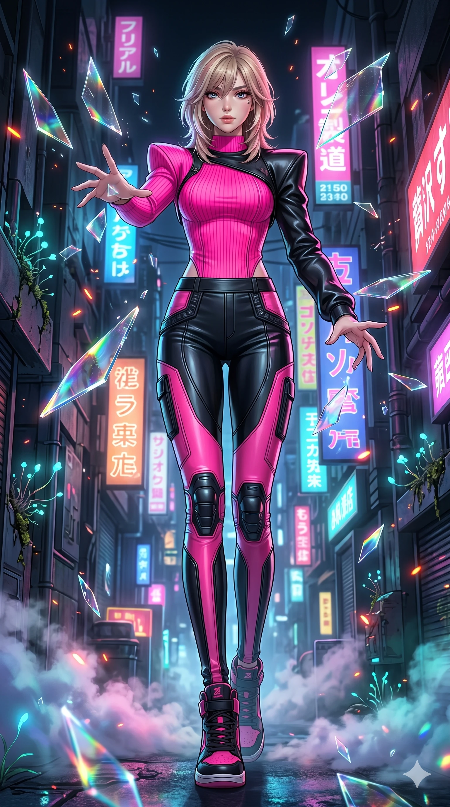 score_9, masterpiece, best quality, ultra-detailed, high-budget anime keyframe, editorial fashion photography, tasteful artistic composition, Japanese woman. low angle full-body shot from head to toe showing her feet, filling the entire 9:16 vertical frame with her statuesque presence, stretching her vertical silhouette. reaching out to catch through a futuristic metropolis alleyway with glowing neon signs and steam as floating shattered glass shards refract light like tiny prisms. She has an absolutely perfect 8-heads proportion, an exceptionally tall and slender female figure with impossibly long slender legs and an ultra-slim waist. V-shaped jawline, high-bridge nose, intricate jewel-like eyes with depth, thick eyelashes, glossy lips with a natural sheen.. wearing a vivid neon-pink ribbed athletic top with bold structural shoulders and a cropped single-sleeve black leather shrug. enhanced by the soft inner light of bioluminescent flora and neon embers in the background. 2k, ultra detail, master piece, 9:16 ratio