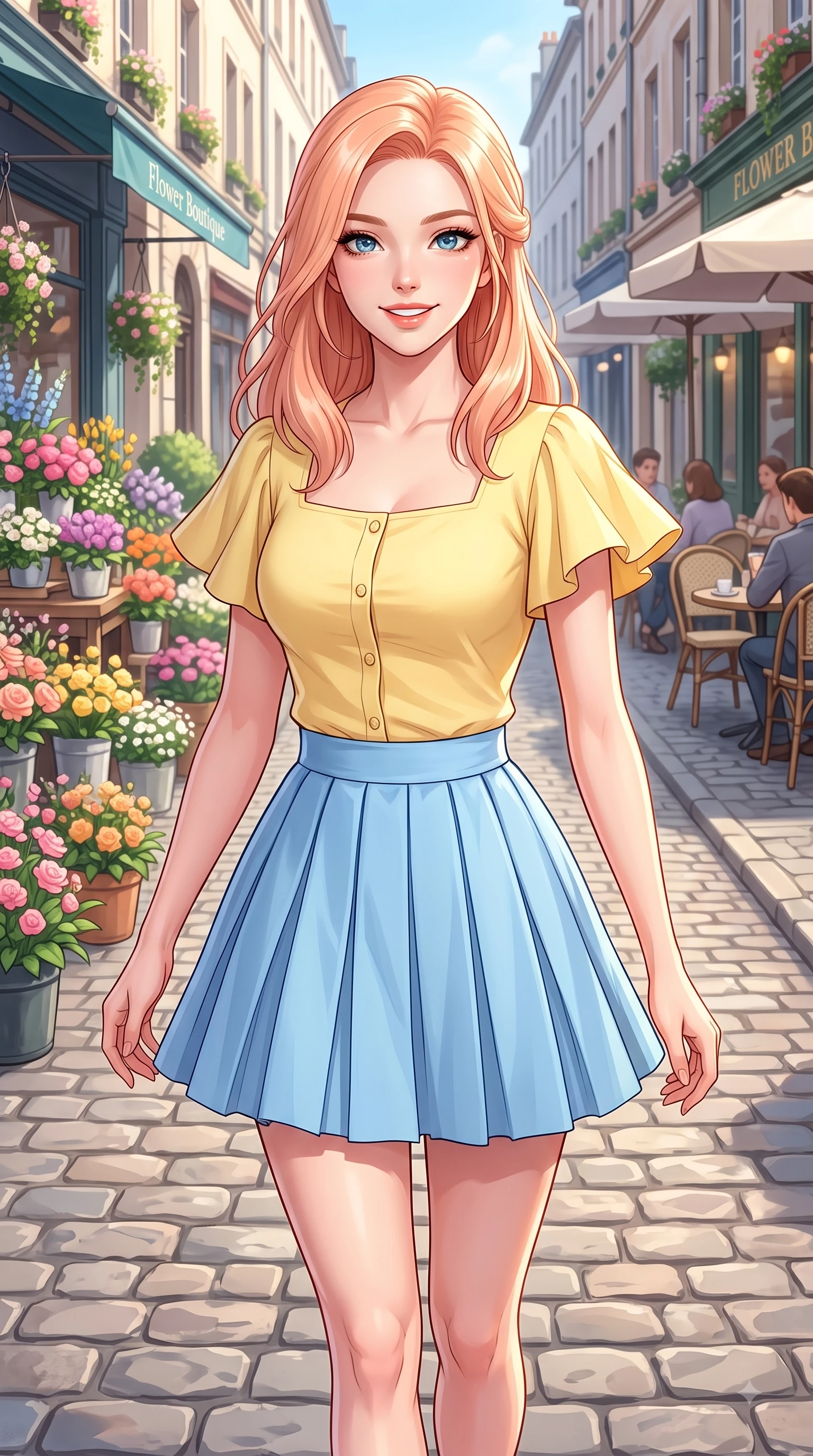 score_9, masterpiece, best quality, ultra-detailed, high-budget anime keyframe, editorial fashion photography, tasteful artistic composition, Japanese woman. close-up cowboy shot from the waist and thighs up, the character dominates the composition, filling the frame with her large presence. Youthful bright smile exuding pure cute charm and fresh energy, her torso turning dynamically into the lens while walking dynamically down a cobblestone European-style street lined with blooming spring flower shops. The surrounding environment is rendered in vivid detail and crisp panoramic clarity. vibrant European-style flower boutiques, cobblestone paths, and detailed outdoor cafe seating under clear morning sun. She has an exceptionally elegant, slender, and willowy female figure with an ultra-slim waist, a gracefully sculpted slender torso, and a refined silhouette. sharp v-shaped jawline, high-bridge nose, intricate jewel-like eyes with depth, thick eyelashes, glossy lips with a natural sheen, flawlessly proportioned anatomical accuracy, natural body alignment, perfectly sculpted elegant limbs, clean dynamic posture without body distortion. wearing a chic cropped pastel cardigan with a high-waisted pleated tennis skirt in sunny daffodil yellow and clear sky blue, tailored from crisp cotton poplin, featuring elegant flutter sleeves and a graceful square neckline, the chic real-way fashion cut emphasizing her effortless charm. surrounded by a fresh, uplifting, and romantic spring street ambiance. highly saturated vibrant anime colors, detailed shading with soft gradients, rich glossy textures, high-contrast stereoscopic depth, volumetric dynamic lighting, master piece, 9:16 ratio