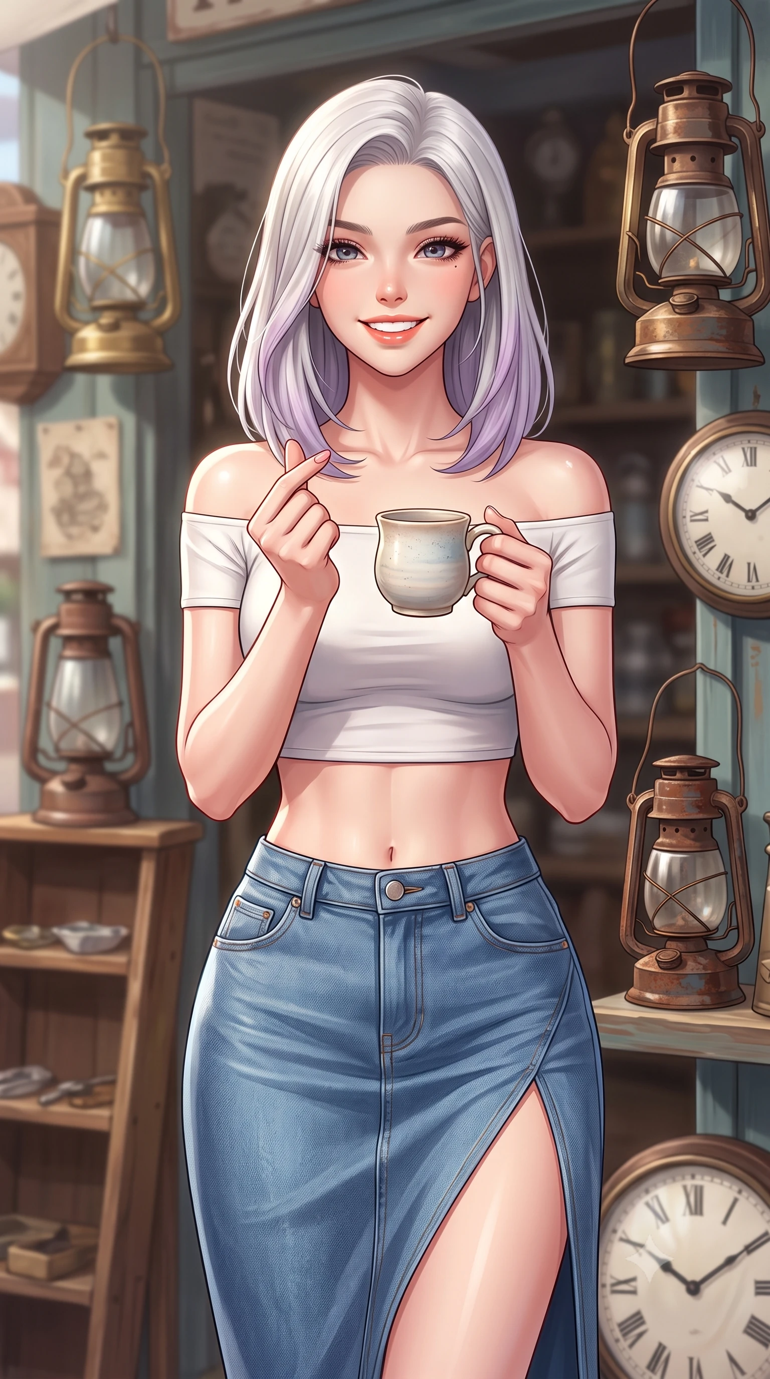 score_9, masterpiece, best quality, ultra-detailed, high-budget anime keyframe, editorial fashion photography, tasteful artistic composition, Caucasian woman. close-up cowboy shot from the waist and thighs up, the character dominates the composition, filling the frame with her large presence, background elements kept in soft focus. flashing a bright, sunny grin, holding her fingers in a cute small heart shape set against a soft-focus background of outside a small antique shop displaying old brass lanterns and clocks holding a delicate handmade ceramic mug with a warm grin. She has an exceptionally elegant, slender, and willowy female figure with an ultra-slim waist, a gracefully sculpted slender torso, and a refined silhouette. sharp v-shaped jawline, high-bridge nose, intricate jewel-like eyes with depth, thick eyelashes, glossy lips with a natural sheen. wearing body-hugging stylish off-shoulder crop top paired with a high-slit denim midi skirt. soft diffused daylight creating a warm, cozy and nostalgic atmosphere. highly saturated vibrant anime colors, detailed shading with soft gradients, rich glossy textures, high-contrast stereoscopic depth, volumetric dynamic lighting, master piece, 9:16 ratio