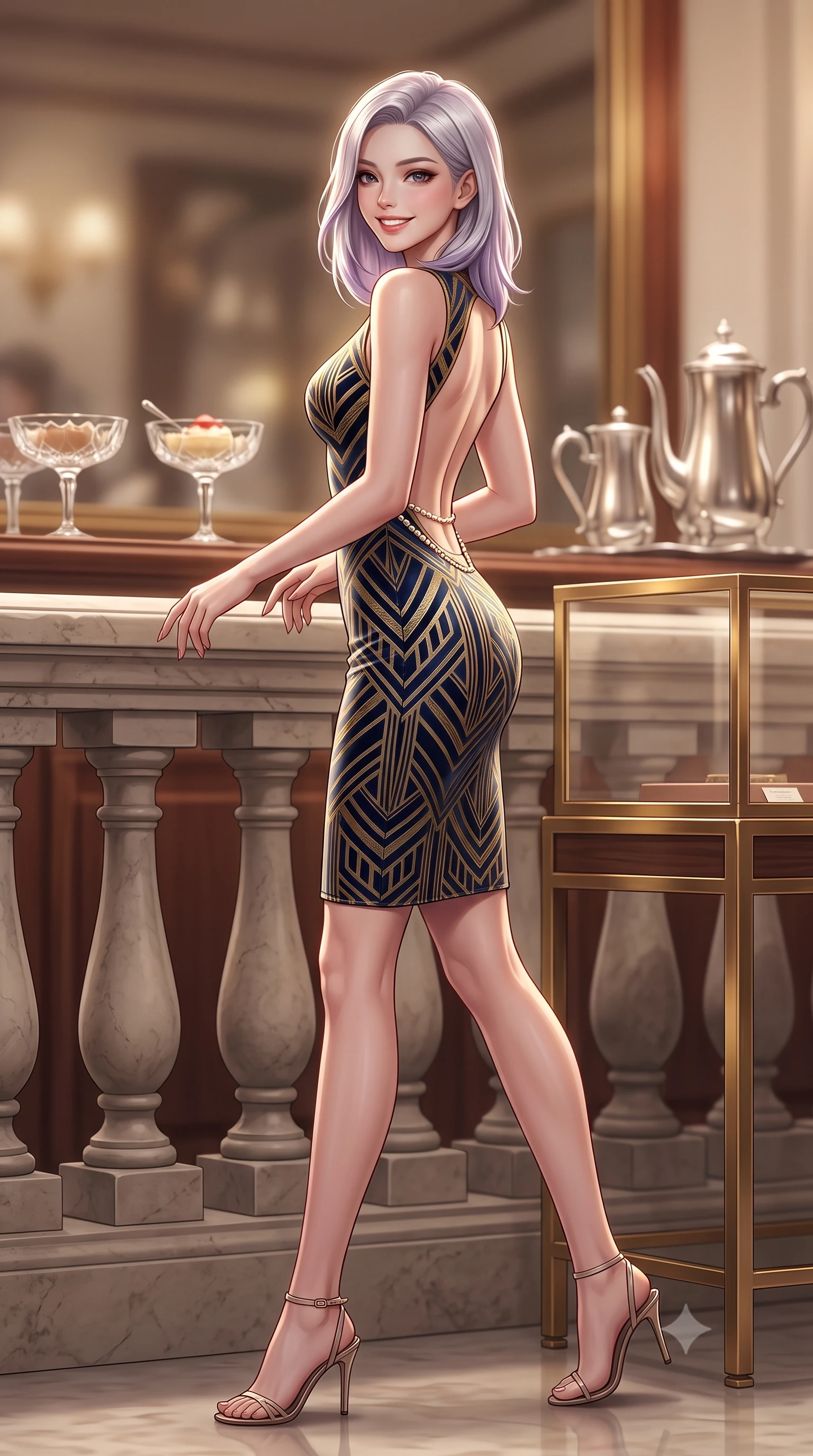 score_9, masterpiece, best quality, ultra-detailed, high-budget anime keyframe, semi-realistic 3D game render, editorial fashion photography, tasteful artistic composition, Caucasian woman. low angle full-body shot from head to toe showing her feet, filling the entire 9:16 vertical frame with her statuesque presence, stretching her vertical silhouette. standing poised beside the classical stone balustrade with one foot slightly forward, arching her lower back with regal supermodel grace while walking through the 1920s-inspired Ginza salon past brass-framed vitrines, turning with magnetic cosmopolitan charm. The background shows a soft-focus vintage crystal dessert coupes and silver coffee services softened in nostalgic Tokyo cafe romance shallow focus. She has an exceptionally tall and slender model-like 8.5-heads proportion, an ultra-slim waist, a flat toned midriff, narrow delicate ribcage, and beautifully sculpted feminine hips creating a graceful, slim hourglass silhouette without any bulky heaviness, with impossibly long slender legs. sharp v-shaped jawline, high-bridge nose, intricate jewel-like sparkling eyes with depth, thick eyelashes, glossy parted lips with a natural peach sheen, bright cheerful beaming smile with an enchanting and coquettish sensual glint, exuding both youthful cute charm and seductive allure, flawlessly proportioned anatomical accuracy, strict slender model proportions, natural body alignment, perfectly sculpted long slender limbs, ultra-slim waistline, clean dynamic posture without body distortion. wearing a form-contouring Art Deco geometric patterned knit bodycon dress hugging her slender frame with golden thread accents in Ginza vintage brass gold and midnight navy, crafted from fluid liquid velvet offering rich tactile depth while adhering to her hourglass shape, accented with a dainty pearl waist chain catching the ambient sunlight across her sculpted waistline, the glove-like clinging cut tightly following the natural contour of her hips and long slender legs with youthful 8.5-heads elegance. illuminated by rosewood wall and brass reflection bounce with crisp champagne rim lights defining her cheekbones and slender waist. highly saturated vibrant anime colors, detailed shading with soft gradients, rich glossy textures, high-contrast stereoscopic depth, volumetric dynamic lighting, master piece, 9:16 ratio