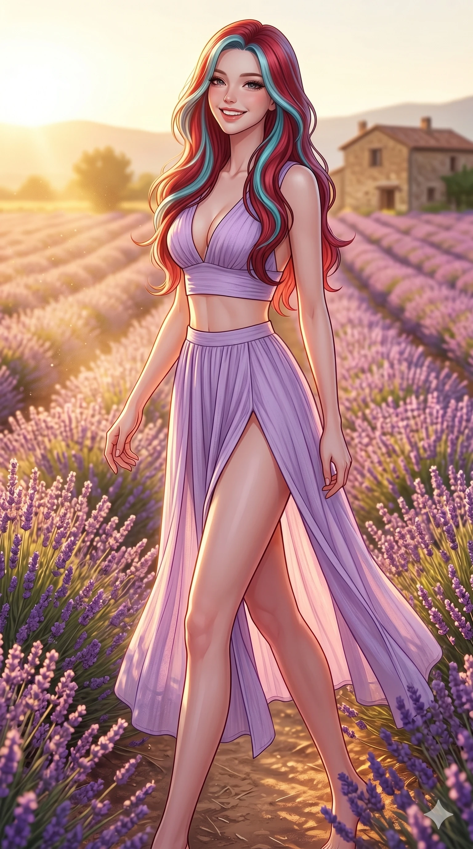 score_9, masterpiece, best quality, ultra-detailed, high-budget anime keyframe, editorial fashion photography, tasteful artistic composition, Caucasian woman, strictly human ears. cowboy shot from the thighs up, character and outfit filling the frame for maximum editorial presence. looking back over her shoulder with a happy, beaming grin, her eyes sparkling with joy walking through a sunny lavender field in Provence, France. She has an absolutely perfect 8-heads proportion, an exceptionally tall and slender female figure with impossibly long slender legs and an ultra-slim waist. V-shaped jawline, high-bridge nose, intricate jewel-like eyes with depth, thick eyelashes, glossy lips with a natural sheen. wearing a lightweight lavender crop top with a plunging V-neckline and matching split skirt. bathed in warm golden hour light pouring over the lavender rows, casting a warm glow. 2k, ultra detail, master piece, 9:16 ratio