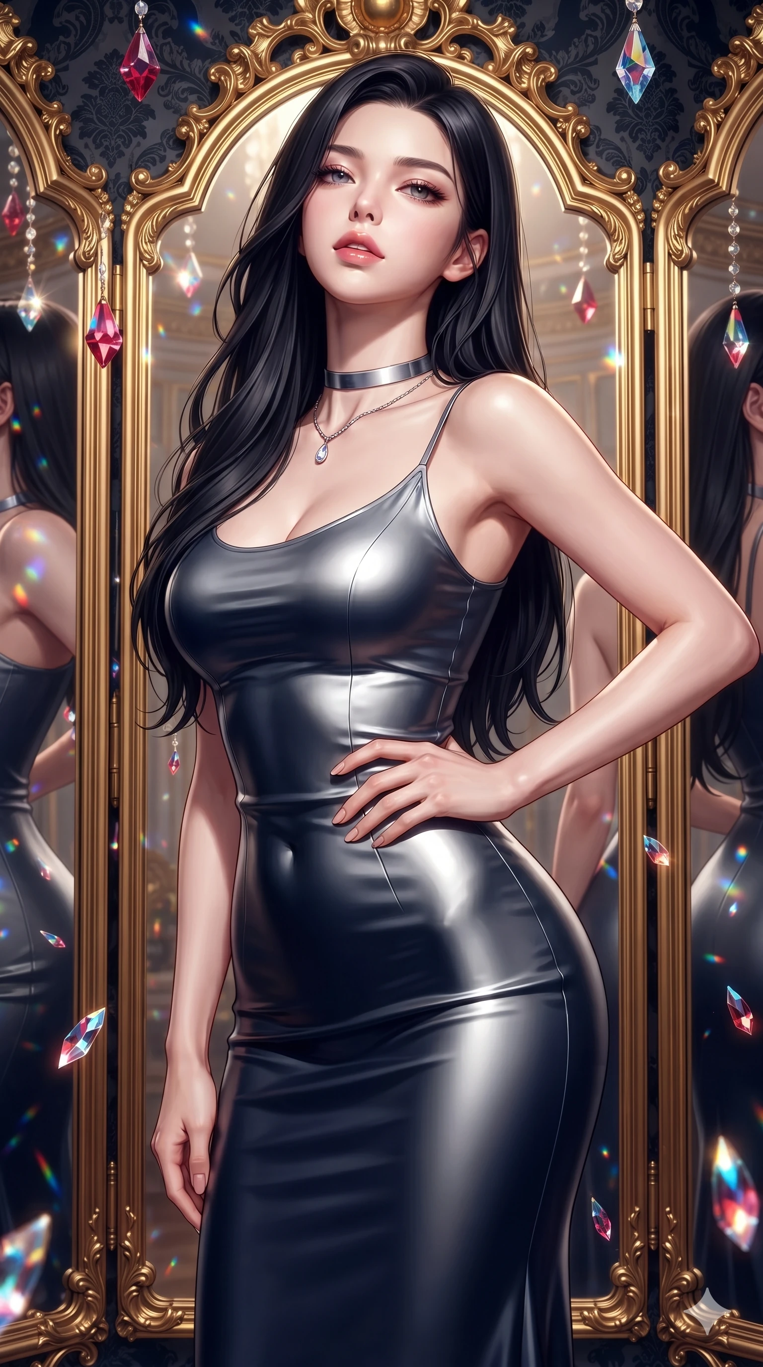 score_9, masterpiece, best quality, ultra-detailed, high-budget anime keyframe, semi-realistic 3D game render, editorial fashion photography, tasteful artistic composition, Korean woman. close-up cowboy shot from the waist and thighs up, the character dominates the composition, filling the frame with her large presence. tilting her chin up with proud, sovereign allure while gazing through thick eyelashes, one hand resting on her waist in pure supermodel charisma while standing poised before towering gold-leaf mirrors, arching her back with high-fashion anime charisma as ruby crystal prisms cast jewel-like reflections. The surrounding environment is rendered in vivid detail and crisp panoramic clarity: sharp floral damask fabric weave, hand-blown Murano glass floral petals, and crisp gold-leaf leafing in deep focus. She has an exceptionally elegant, slender, and willowy female figure with an ultra-slim waist, flat toned midriff, narrow ribcage, and sculpted feminine hips creating an alluring, slim hourglass silhouette without bulk. sharp v-shaped jawline, high-bridge nose, intricate jewel-like eyes with depth, thick eyelashes, glossy parted lips with a natural sheen, intensely captivating and seductive bedroom-eyes expression, flawlessly proportioned anatomical accuracy, strict slender model proportions, natural body alignment, perfectly sculpted long slender limbs, ultra-slim waistline, clean dynamic posture without body distortion. wearing a form-fitting liquid mercury jersey evening dress clinging smoothly to her narrow waist and rounded hips in midnight sapphire and polished liquid silver, tailored from liquid silk jersey adhering flawlessly to her slender build, finished with a minimalist chrome choker and a single teardrop diamond pendant, the liquid-tight tailored fabric clinging flawlessly to her narrow waist and rounded feminine hips, emphasizing every millimeter of her sculpted slim hourglass curves without any bulky heaviness. crisp directional rim lights sharply defining her sculpted collarbones, ultra-slim waist, and curvy hips. highly saturated vibrant anime colors, detailed shading with soft gradients, rich glossy textures, high-contrast stereoscopic depth, volumetric dynamic lighting, master piece, 9:16 ratio