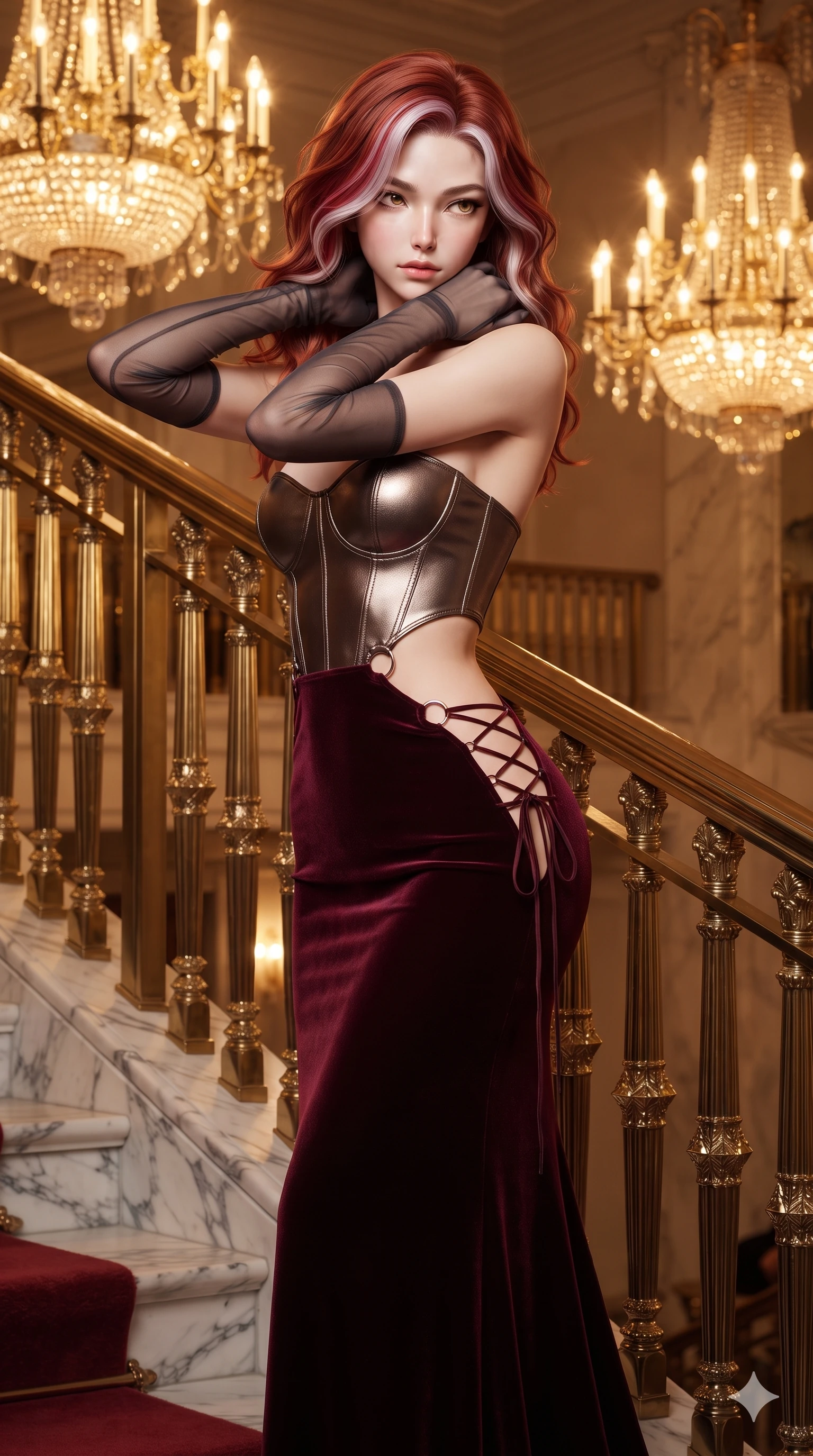 score_9, masterpiece, best quality, ultra-detailed, high-budget anime keyframe, editorial fashion photography, tasteful artistic composition, Caucasian woman. close-up cowboy shot from the waist and thighs up, the character dominates the composition, filling the frame with her large presence. resting both hands lightly behind her neck with elbows raised, arching her spine to highlight her narrow waist, flat midriff, and breathtaking collarbones while pausing mid-stair against the ornate gilded brass handrail with hips cocked back, glancing over a bare shoulder with smoldering bedroom-eyes. The surrounding environment is rendered in vivid detail and crisp panoramic clarity: sharp Italian Carrara marble step veining, plush crimson carpet weave, and crisp gilded brass baluster facets in deep focus. She has an exceptionally elegant, slender, and willowy female figure with an ultra-slim waist, flat toned midriff, narrow ribcage, and sculpted feminine hips creating an alluring, slim hourglass silhouette without bulk. sharp v-shaped jawline, high-bridge nose, intricate jewel-like eyes with depth, thick eyelashes, glossy parted lips with a natural sheen, intensely captivating and seductive bedroom-eyes expression, flawlessly proportioned anatomical accuracy, strict slender model proportions, natural body alignment, perfectly sculpted long slender limbs, ultra-slim waistline, clean dynamic posture without body distortion. wearing a strapless velvet column gown with deep side slit, metallic leather corset bodice, and sheer opera gloves in deep wine burgundy and brushed dark platinum, adorned with delicate chrome ring hardware and cutouts along her slender waist, featuring fine criss-cross lace-up side ties revealing tantalizing glimpses of her hip curve, the form-contouring silhouette accentuating her sculpted flat midriff, narrow delicate ribcage, and gracefully curvy hips with intoxicating allure. bathed in the warm radiant 2600K amber illumination of towering crystal chandeliers mixed with soft gilded reflection bounce. ultra-reflective glossy finish, specular highlights, rich textural contrasts, high-contrast stereoscopic depth, volumetric dynamic lighting, 2k, ultra detail, master piece, 9:16 ratio