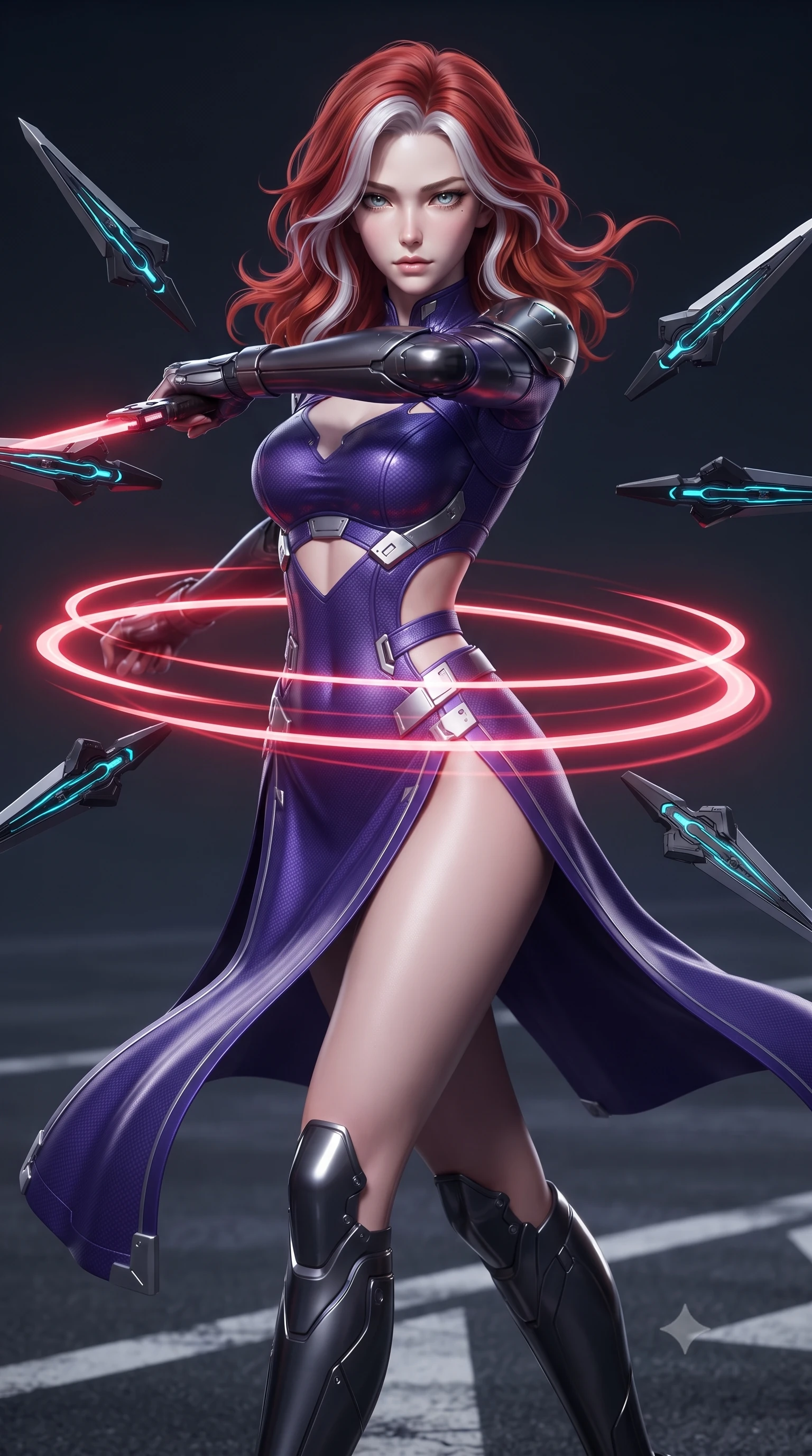 score_9, masterpiece, best quality, ultra-detailed, high-budget anime keyframe, editorial fashion photography, tasteful artistic composition, Caucasian woman. close-up cowboy shot from the waist and thighs up, the character dominates the composition, filling the frame with her large presence. gazing forward with divine sovereign poise, captivating jewel-like eyes shining with transcendent focus while holding her weapon with effortless mastery while spinning gracefully in a high-speed combat turn as twin blade energy trails create glowing light rings around her waist. The surrounding environment is rendered in vivid detail and crisp panoramic clarity. razor-sharp glowing crimson blade edges, detailed carbon-weave armor textures, and asphalt markings in deep focus. She has an exceptionally elegant, slender, and willowy female figure with an ultra-slim waist, a gracefully sculpted slender torso, toned flat midriff, and a refined slim silhouette. sharp v-shaped jawline, high-bridge nose, intricate jewel-like eyes with depth, thick eyelashes, glossy lips with a natural sheen, flawlessly proportioned anatomical accuracy, strict slender model proportions, natural body alignment, perfectly sculpted long slender limbs, ultra-slim waistline, clean dynamic posture without body distortion. wearing a precision-fitted royal purple carbon-fiber battle-dress with high-slit tactical skirt and silver accents, directing eight floating nano-crystal funnel blades with sovereign gestures in matte obsidian carbon black with electric cyan conduits, crafted from ultra-strong woven carbon-fiber composite with a satin luster, finished with high-mobility articulation joints and miniature magnetic armor locks, the precision-cut daring openings accentuating her delicate midriff, graceful bare collarbones, and ultra-slim feminine waistline. illuminated by sharp specular highlights tracing her ultra-slim waist, long legs, and sculpted armor plates. ultra-reflective glossy finish, specular highlights, dark metallic sheen, high-contrast stereoscopic depth, volumetric dynamic lighting, 2k, ultra detail, master piece, 9:16 ratio