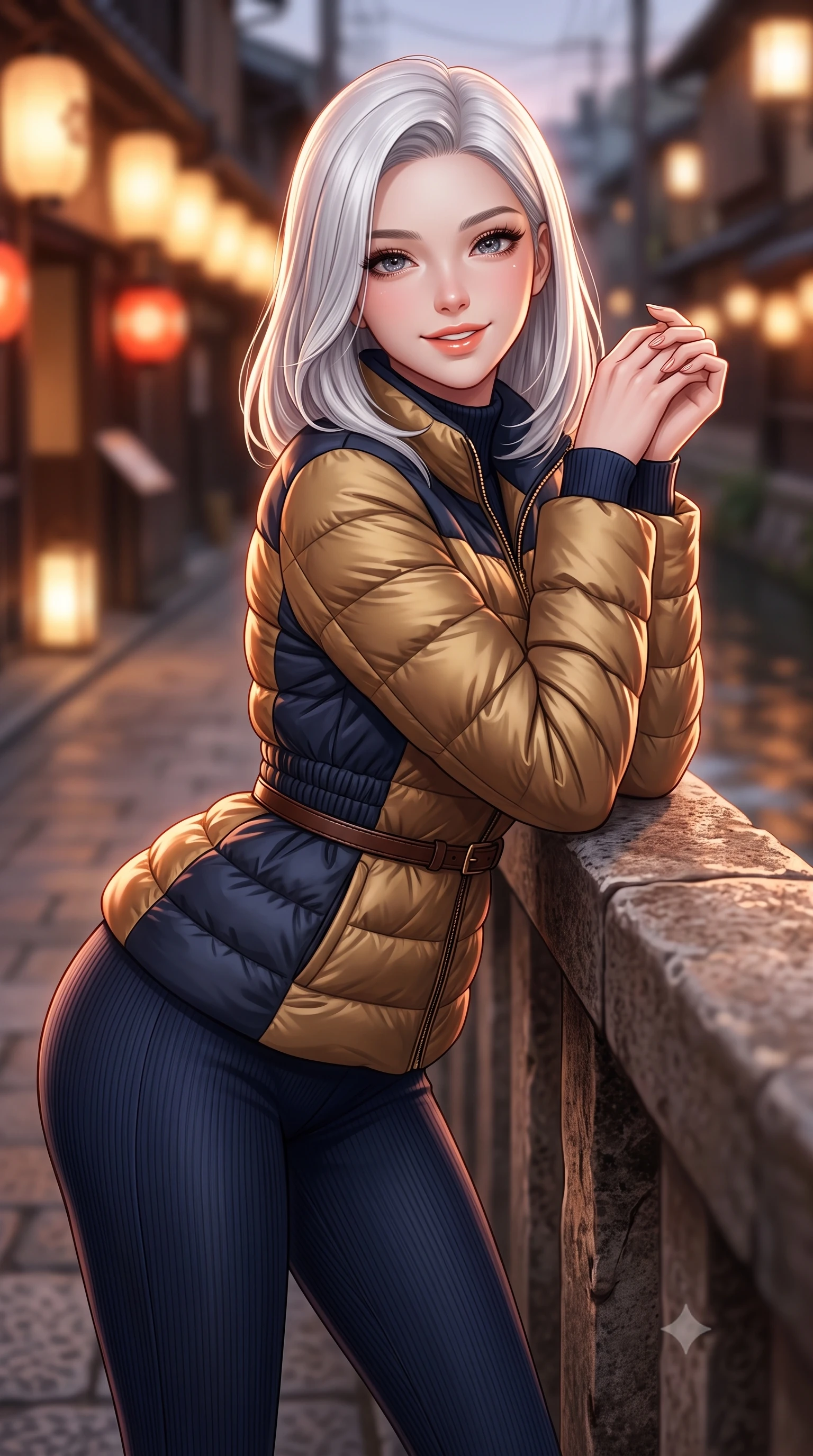 score_9, masterpiece, best quality, ultra-detailed, high-budget anime keyframe, semi-realistic 3D game render, editorial fashion photography, tasteful artistic composition, Korean woman. close-up cowboy shot from the waist and thighs up, the character dominates the composition, filling the frame with her large presence. resting both elbows on the balustrade while leaning forward gracefully, her smile sparkling with youthful cute charm and seductive allure while walking along the riverside stone promenade with poised strides, her wool coat billowing softly in the river current breeze. The background shows a soft-focus warm paper lanterns along Gion alleyways softened in romantic Kyoto dusk shallow focus. She has an exceptionally elegant, slender, and willowy female figure with an ultra-slim waist, flat toned midriff, narrow ribcage, and sculpted feminine hips creating an alluring, slim hourglass silhouette without bulk. sharp v-shaped jawline, high-bridge nose, intricate jewel-like sparkling eyes with depth, thick eyelashes, glossy parted lips with a natural peach sheen, bright cheerful beaming smile with an enchanting and coquettish sensual glint, exuding both youthful cute charm and seductive allure, flawlessly proportioned anatomical accuracy, strict slender model proportions, natural body alignment, perfectly sculpted long slender limbs, ultra-slim waistline, clean dynamic posture without body distortion. wearing a tailored quilted down jacket with a deeply cinched elastic belt worn over an ultra-tight thermal rib-knit bodysuit and leggings in Ginza vintage brass gold and midnight navy, made of ultra-fine Mongolian cashmere with sleek glove-like elasticity contouring her silhouette, finished with a slim equestrian bridle-leather belt cinched tightly at the narrowest point of her waist, the body-conscious tailored knit hugging her sculpted torso and curvaceous hips in a seamless, fluid line that highlights her statuesque model proportions. illuminated by river water specular reflection bounce and sharp copper-rose rim lights sculpting her jawline, narrow waist, and graceful model proportions. highly saturated vibrant anime colors, detailed shading with soft gradients, rich glossy textures, high-contrast stereoscopic depth, volumetric dynamic lighting, master piece, 9:16 ratio