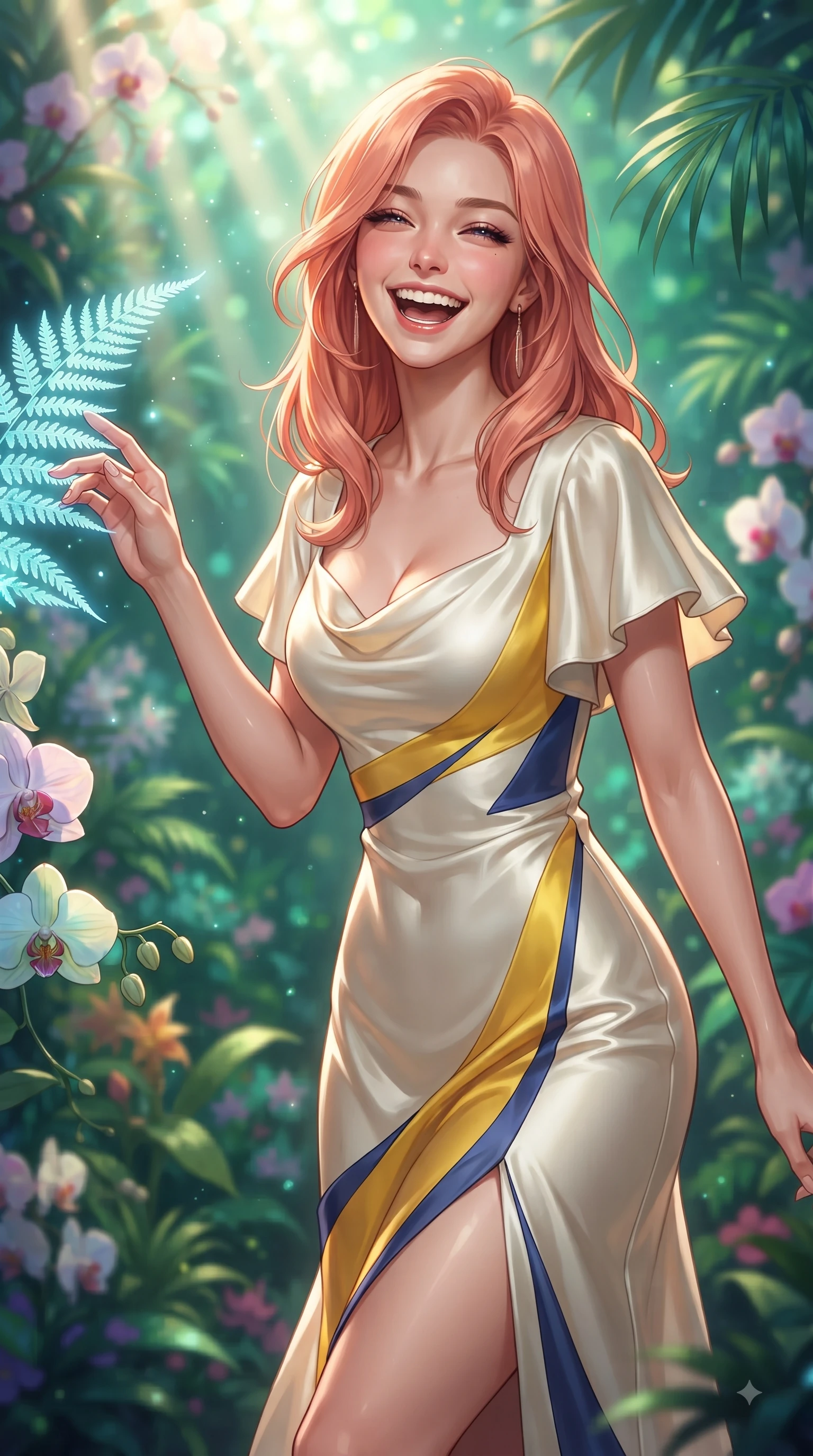 score_9, masterpiece, best quality, ultra-detailed, high-budget anime keyframe, editorial fashion photography, tasteful artistic composition, Japanese woman. close-up cowboy shot from the waist and thighs up, the character dominates the composition, filling the frame with her large presence. Beaming joyful energy with a infectious laughter that brightens the entire composition while reaching out elegantly to touch a bioluminescent fern leaf under streaming sunbeams. The composition keeps background elements in soft focus with dreamy bokeh. exotic orchids and tropical palm leaves blurred into a dreamy emerald and jade background bokeh. She has an exceptionally elegant, slender, and willowy female figure with an ultra-slim waist, a gracefully sculpted slender torso, and a refined silhouette. sharp v-shaped jawline, high-bridge nose, intricate jewel-like eyes with depth, thick eyelashes, glossy lips with a natural sheen, flawlessly proportioned anatomical accuracy, natural body alignment, perfectly sculpted elegant limbs, clean dynamic posture without body distortion. wearing an elegant ivory silk cowl-neck dress with fluid draped lines in sunflower yellow and royal navy blue, tailored from structured wool crepe with clean lines, featuring elegant flutter sleeves and a graceful square neckline, the sleek second-skin fit accentuating her magnetic presence. surrounded by a lush, vibrant, and enchanting garden editorial ambiance. ultra-reflective glossy finish, specular highlights, metallic sheen, high-contrast stereoscopic depth, volumetric dynamic lighting, 2k, ultra detail, master piece, 9:16 ratio