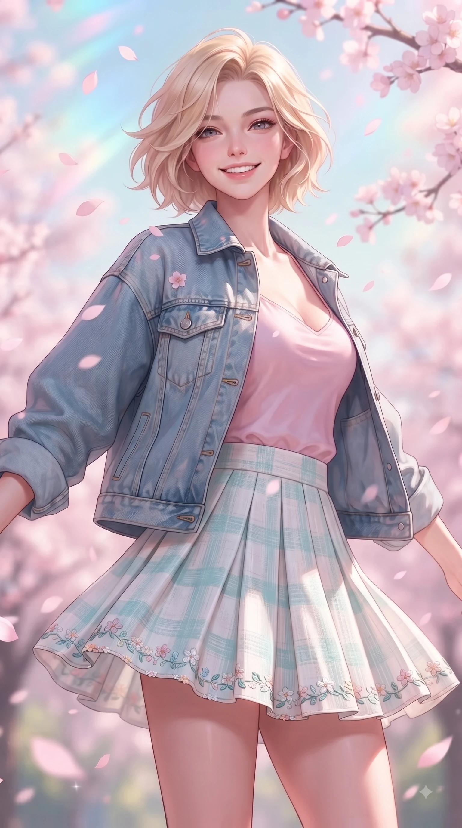 score_9, masterpiece, best quality, ultra-detailed, high-budget anime keyframe, editorial fashion photography, tasteful artistic composition, Caucasian woman. close-up cowboy shot from the waist and thighs up, the character dominates the composition, filling the frame with her large presence. Youthful bright smile exuding pure cute charm and fresh energy, her torso turning dynamically into the lens while pivoting dynamically with a beaming smile as delicate pink cherry blossom petals shower around her. The composition keeps background elements in soft focus with dreamy bokeh. pastel spring sky refractions and flower branches blurred in smooth creamy depth. She has an exceptionally elegant, slender, and willowy female figure with an ultra-slim waist, a gracefully sculpted slender torso, and a refined silhouette. sharp v-shaped jawline, high-bridge nose, intricate jewel-like eyes with depth, thick eyelashes, glossy lips with a natural sheen, flawlessly proportioned anatomical accuracy, natural body alignment, perfectly sculpted elegant limbs, clean dynamic posture without body distortion. wearing a trendy oversized denim jacket over a soft pastel pink camisole and white pleated mini skirt in ocean turquoise and sea-salt white, crafted from soft breathable linen, complemented by delicate embroidered floral trim along the hem, the chic real-way fashion cut emphasizing her effortless charm. illuminated by soft glowing pink ambient light and clear sky refractions. ultra-reflective glossy finish, specular highlights, metallic sheen, high-contrast stereoscopic depth, volumetric dynamic lighting, 2k, ultra detail, master piece, 9:16 ratio