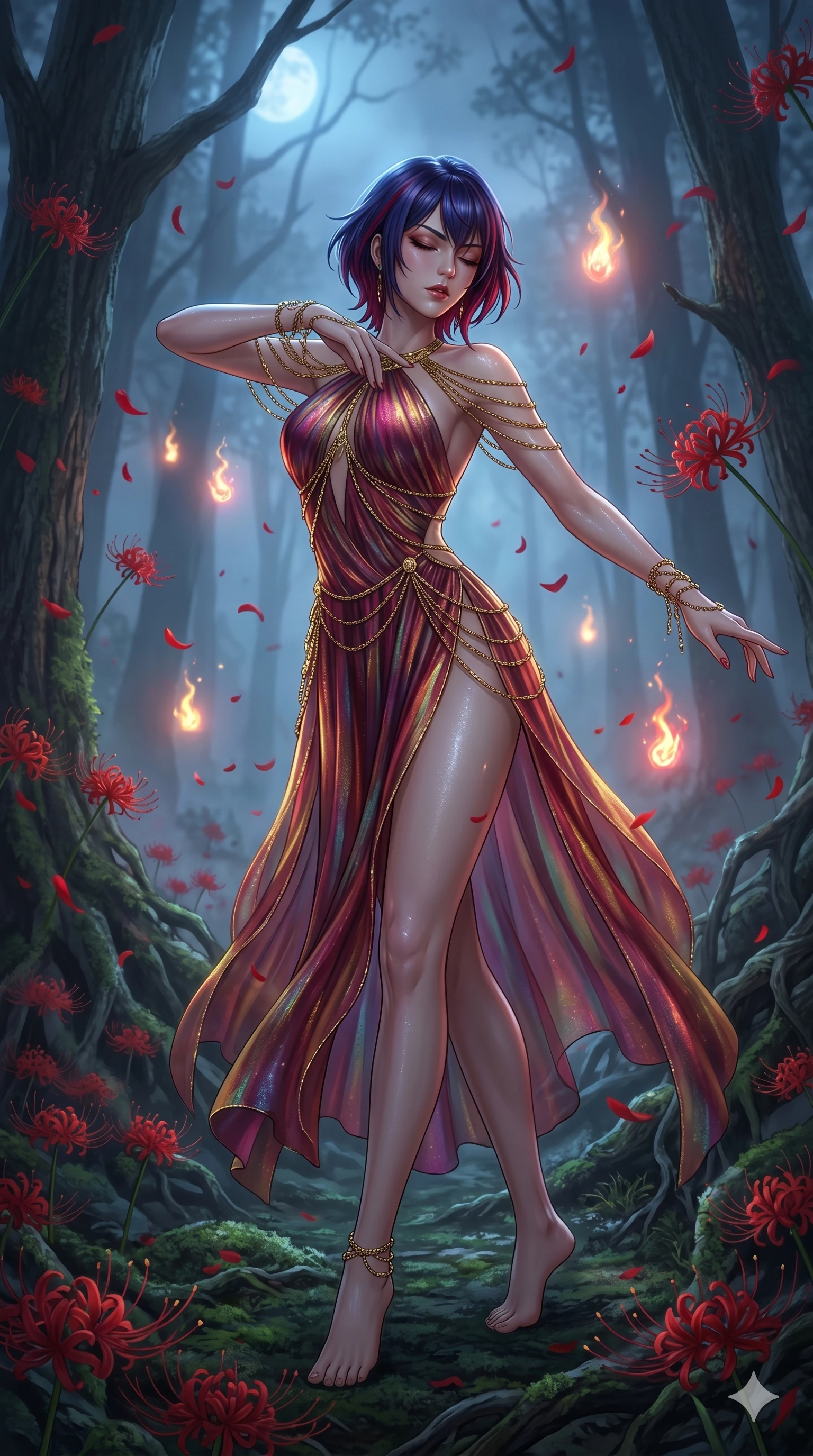 score_9, masterpiece, best quality, ultra-detailed, High-budget Anime Keyframe, East Asian woman. Low angle cowboy shot filling the entire 9:16 frame with her statuesque presence. Scenario 255: Dancing amidst falling red spider lilies in a misty dark forest. Her presence is magnetic and overpowering in this high-budget anime scene. Outfit 255: A shimmering chiffon bare with a thigh-high slit and fine gold chains. The clothing is designed to emphasize her exceptionally tall and slender 8-heads proportion. 8-heads proportion, towering silhouette, ultra-slim waist. sharp v-shaped jawline, intricate jewel-like eyes with depth, thick eyelashes, glossy lips. 2k, ultra detail, master piece, 9:16 ratio