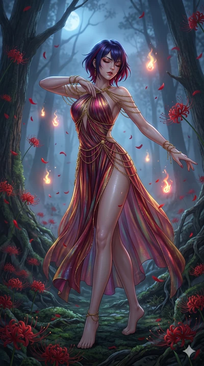 score_9, masterpiece, best quality, ultra-detailed, High-budget Anime Keyframe, East Asian woman. Low angle cowboy shot filling the entire 9:16 frame with her statuesque presence. Scenario 255: Dancing amidst falling red spider lilies in a misty dark