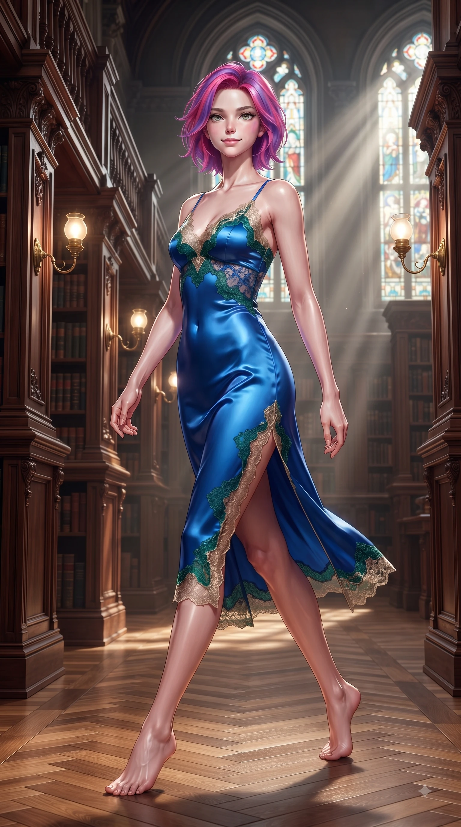 score_9, masterpiece, best quality, ultra-detailed, high-budget anime keyframe, editorial fashion photography, tasteful artistic composition, Caucasian woman. low angle full-body shot from head to toe showing her feet, filling the entire 9:16 vertical frame with her statuesque presence, stretching her vertical silhouette. Pure innocent expression with clear crystalline eyes, a gentle tender smile, and an airy serene aura while walking down a polished parquet aisle flanked by tall bookcase stacks. The surrounding environment is rendered in vivid detail and crisp panoramic clarity. intricate carved mahogany bookcases, brass reading lamps, and stained glass window details in deep focus. She has an absolutely perfect, statuesque 8.5-heads proportion, an exceptionally tall and slender model-like female figure with impossibly long slender legs and an ultra-slim waist. sharp v-shaped jawline, high-bridge nose, intricate jewel-like eyes with depth, thick eyelashes, glossy lips with a natural sheen, flawlessly proportioned anatomical accuracy, natural body alignment, perfectly sculpted elegant limbs, clean dynamic posture without body distortion. wearing a vivid sapphire blue satin midi dress following her statuesque figure in deep emerald green and champagne gold, made of fine lace weave and soft satin jersey, finished with a sleek side slit ascending to mid-thigh, the fluid drape swaying gracefully with her dynamic editorial movement. bathed in dramatic volumetric sunbeams streaming through tall arched windows. ultra-reflective glossy finish, specular highlights, metallic sheen, high-contrast stereoscopic depth, volumetric dynamic lighting, 2k, ultra detail, master piece, 9:16 ratio