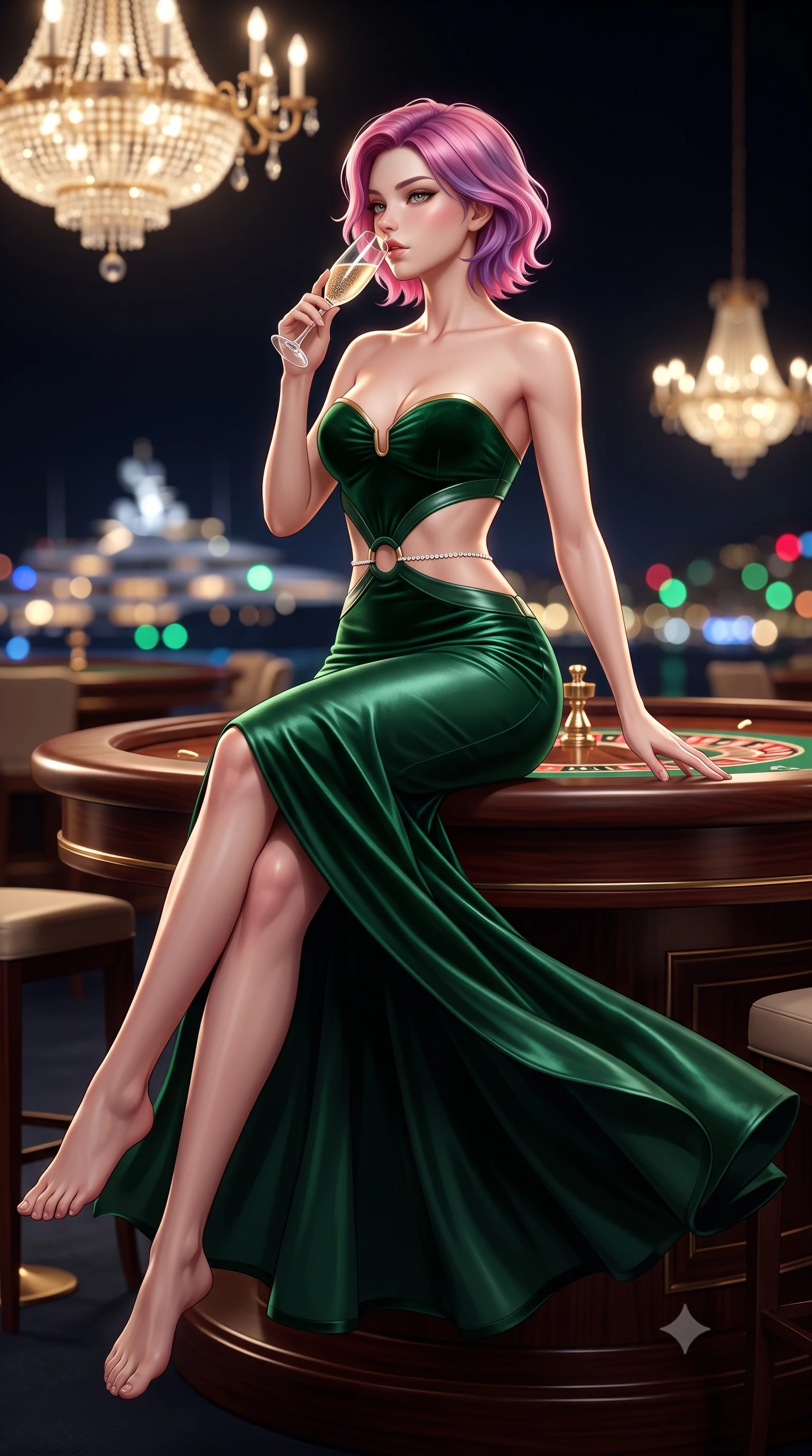 score_9, masterpiece, best quality, ultra-detailed, high-budget anime keyframe, semi-realistic 3D game render, editorial fashion photography, tasteful artistic composition, Caucasian woman. low angle full-body shot from head to toe showing her feet, filling the entire 9:16 vertical frame with her statuesque presence, stretching her vertical silhouette. executing an elegant mid-motion pivot turn as garments swirl around her slender limbs, glancing over her shoulder with an intoxicating bedroom-gaze while perching on the rim of a luxury mahogany roulette table with legs crossed, arching her lower back while holding a crystal champagne flute to her lips. The composition keeps background elements in soft focus with creamy bokeh. glittering Monaco harbor superyacht lights and casino chandeliers blurred into champagne-gold, emerald, and sapphire bokeh. She has an absolutely perfect, statuesque 8.5-heads proportion, an exceptionally tall and slender model-like female figure with impossibly long slender legs, a toned flat midriff, an ultra-slim waist, and beautifully sculpted feminine hips. sharp v-shaped jawline, high-bridge nose, intricate jewel-like eyes with depth, thick eyelashes, glossy parted lips with a natural sheen, intensely captivating and seductive bedroom-eyes expression, flawlessly proportioned anatomical accuracy, strict slender model proportions, natural body alignment, perfectly sculpted long slender limbs, ultra-slim waistline, clean dynamic posture without body distortion. wearing a sculptured strapless velvet evening gown with an open-waist ring cutout and body-hugging mermaid silhouette in deep emerald green and polished gold hardware, crafted from second-skin supple lambskin leather with specular sheen, accented with a dainty diamond waist chain catching the casino chandelier reflections, the liquid-tight tailored fabric clinging flawlessly to her narrow waist and rounded feminine hips, emphasizing every millimeter of her sculpted hourglass curves during movement. illuminated by crisp directional spotlights sharply defining her narrow waistline, sculpted spine, and curvy hips. highly saturated vibrant anime colors, detailed shading with soft gradients, rich glossy textures, high-contrast stereoscopic depth, volumetric dynamic lighting, master piece, 9:16 ratio