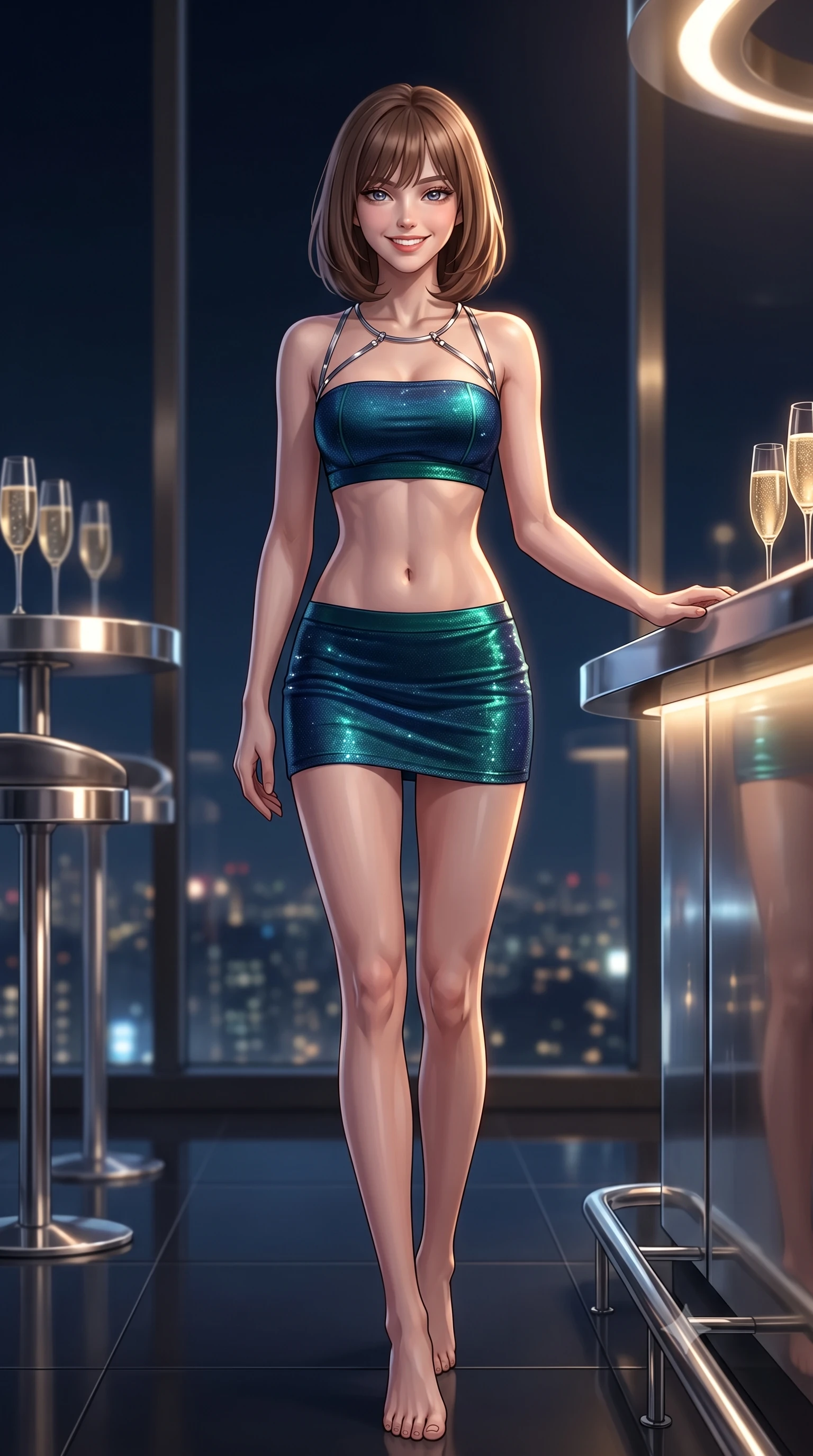 score_9, masterpiece, best quality, ultra-detailed, high-budget anime keyframe, editorial fashion photography, tasteful artistic composition, Caucasian woman. low angle full-body shot from head to toe showing her feet, filling the entire 9:16 vertical frame with her statuesque presence, stretching her vertical silhouette. stepping slowly toward the camera with hypnotic grace, hips swaying in an alluring sensual rhythm that accentuates her curvy hourglass silhouette and long slender legs while leaning against the polished chrome bar counter with hips cocked back, looking out through panoramic smart-tint windows with smoldering bedroom-eyes. The background shows a soft-focus champagne bubble glasses on polished counters softened in ultra-exclusive high-altitude skybar shallow focus. She has an exceptionally tall and slender model-like 8.5-heads proportion, an ultra-slim waist, a flat toned midriff, narrow delicate ribcage, and beautifully sculpted feminine hips creating a graceful, slim hourglass silhouette without any bulky heaviness, with impossibly long slender legs. sharp v-shaped jawline, high-bridge nose, intricate jewel-like sparkling eyes with depth, thick eyelashes, glossy parted lips with a natural peach sheen, bright cheerful beaming smile with an enchanting and coquettish sensual glint, exuding both youthful cute charm and seductive allure, flawlessly proportioned anatomical accuracy, strict slender model proportions, natural body alignment, perfectly sculpted long slender limbs, ultra-slim waistline, clean dynamic posture without body distortion. wearing an ultra-cropped tech-wear bandeau top paired with a micro mini skirt revealing her flat toned midriff in abyssal ocean sapphire and bioluminescent emerald, woven from stretch metallic lurex jersey casting radiant starlight glints across her curves, accented with a chrome-drop body harness subtly framing her dewy collarbones and spine, the impeccably tailored cut draping gracefully along her slender figure with aristocratic poise. illuminated by chrome bar reflection bounce and sharp champagne-gold rim lights defining her razor-sharp jawline, narrow waist, and curvy hips. ultra-reflective glossy finish, specular highlights, rich textural contrasts, high-contrast stereoscopic depth, volumetric dynamic lighting, 2k, ultra detail, master piece, 9:16 ratio