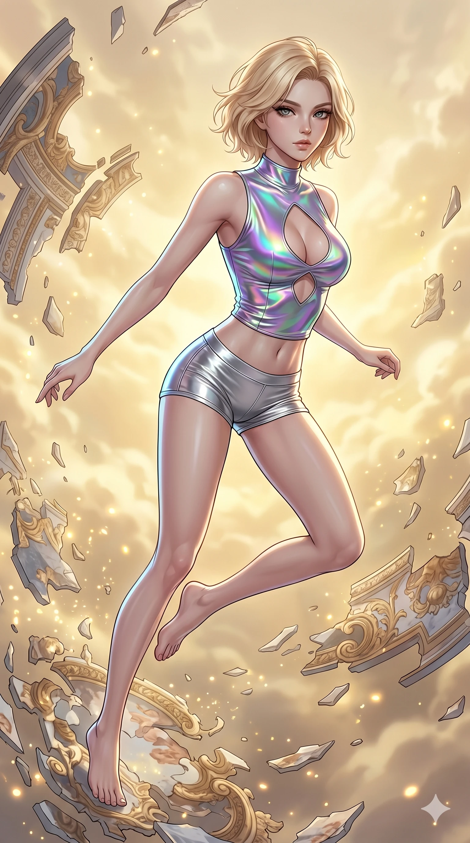 score_9, masterpiece, best quality, ultra-detailed, high-budget anime keyframe, Korean woman. upper body close-up from the thighs up, character filling the screen for maximum presence. propelling herself off digital baroque ceiling fresco shards that float and reassemble in a golden sky. She has an absolutely perfect 8-heads proportion, an exceptionally tall and slender female figure with impossibly long slender legs and an ultra-slim waist. V-shaped jawline, high-bridge nose, intricate jewel-like eyes with depth, thick eyelashes, glossy lips with a natural sheen.. wearing a holographic liquid silk vest and silver metallic micro-shorts, featuring a keyhole cutout and form-fitting silhouette. lit by a soft glowing ambient light and a sharp side key light that traces the sleek contours of her athletic build. 2k, ultra detail, master piece, 9:16 ratio
