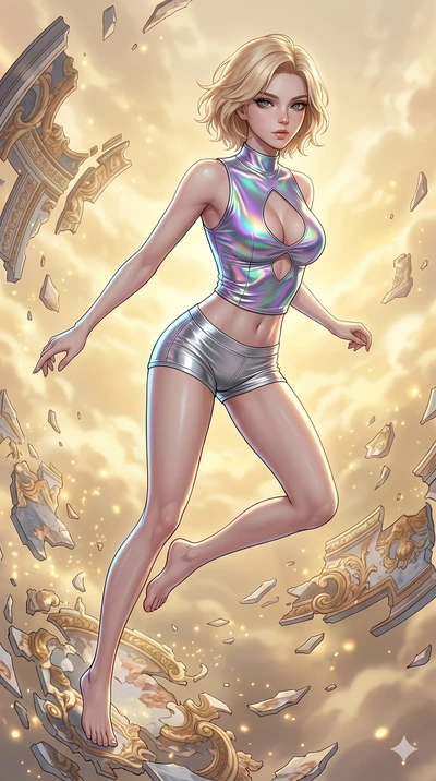score_9, masterpiece, best quality, ultra-detailed, high-budget anime keyframe, Korean woman. upper body close-up from the thighs up, character filling the screen for maximum presence. propelling herself off digital baroque ceiling fresco shards that