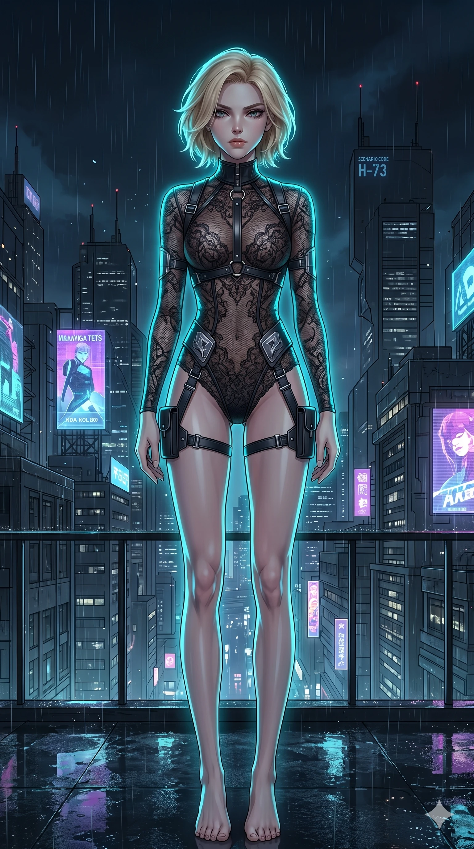 score_9, masterpiece, best quality, ultra-detailed, high-budget anime keyframe, editorial fashion photography, tasteful artistic composition, Caucasian woman, strictly human ears. cowboy shot from the thighs up, character and outfit filling the frame for maximum editorial presence. casting a cold, direct gaze beneath heavy lashes with quiet intensity, her chin tilted up in a look of effortless superiority on the rooftop of a towering skyscraper overlooking a rain-slicked futuristic city (Scenario Code H-73). She has an absolutely perfect 8-heads proportion, an exceptionally tall and slender female figure with impossibly long slender legs and an ultra-slim waist. V-shaped jawline, high-bridge nose, intricate jewel-like eyes with depth, thick eyelashes, glossy lips with a natural sheen. wearing a sheer dark lace patterns bodysuit with strategically placed leather armor straps and a high-collar harness. lit by a pulsing neon cyan rim light that separates her silhouette from the dark background. 2k, ultra detail, master piece, 9:16 ratio