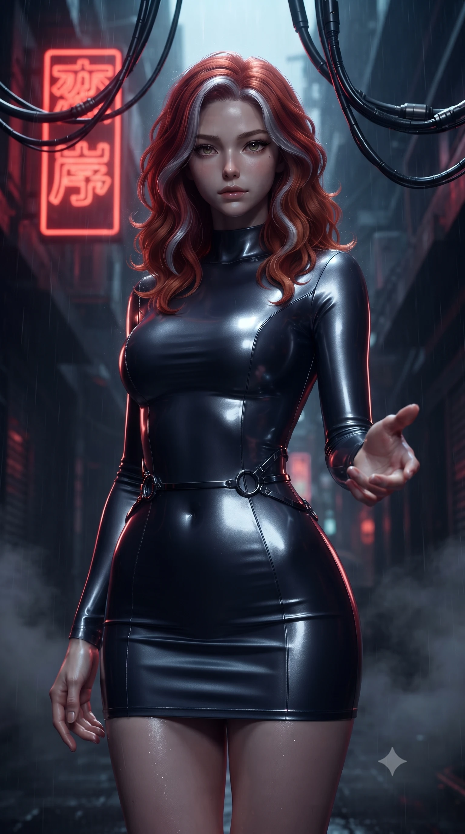 score_9, masterpiece, best quality, ultra-detailed, high-budget anime keyframe, editorial fashion photography, tasteful artistic composition, Caucasian woman. close-up cowboy shot from the waist and thighs up, the character dominates the composition, filling the frame with her large presence, background elements kept in soft focus. Reaching one hand toward the viewer with relaxed dark elegance, navigating a dark narrow cyber-thoroughfare with glowing red neon Kanji signs, dark metallic cybernetic cables hanging ominously overhead. She has an exceptionally elegant, slender, and willowy female figure with an ultra-slim waist, a gracefully sculpted slender torso, and a refined silhouette. sharp v-shaped jawline, high-bridge nose, intricate jewel-like eyes with depth, thick eyelashes, glossy lips with a natural sheen. wearing glove-like fit dark navy latex bodycon mini dress in metallic dark silver, made of polished black leather, trimmed with dark chrome ring hardware along the waist contours, following her slender form with tailored precision. lit by sharp neon key light cutting through dense dark steam and rain. ultra-reflective glossy finish, specular highlights, metallic sheen, high-contrast stereoscopic depth, volumetric dynamic lighting, 2k, ultra detail, master piece, 9:16 ratio