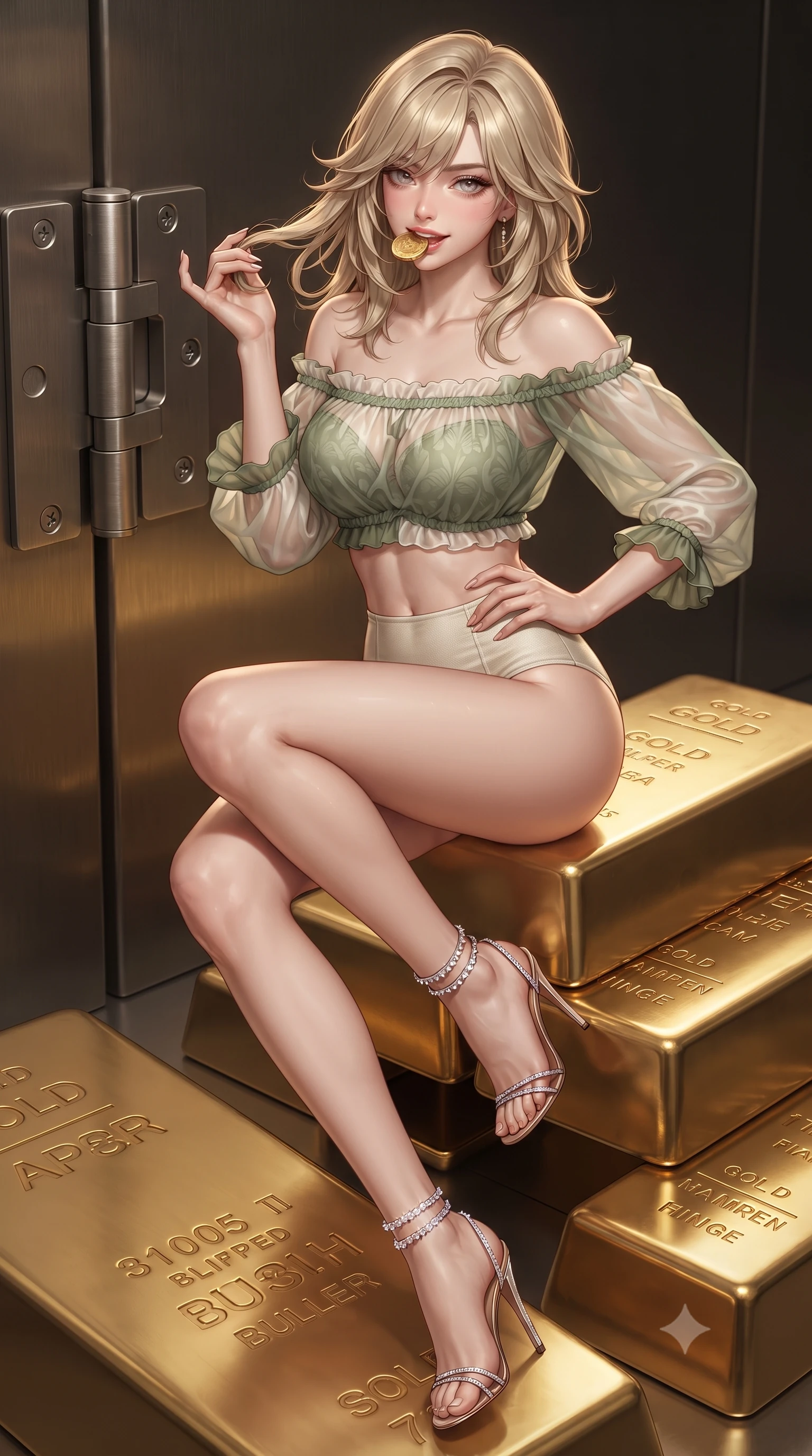 score_9, masterpiece, best quality, ultra-detailed, high-budget anime keyframe, editorial fashion photography, tasteful artistic composition, Japanese woman. close-up cowboy shot from the waist and thighs up, the character dominates the composition, filling the frame with her large presence. twisting her slender torso in an alluring contrapposto stance, one hand resting on her sculpted hip while her fingers toy with her hair with effortless poise while sitting perched on a stack of golden bullion with legs crossed, holding a solid gold coin near her lips with dangerous coquettish cool. The surrounding environment is rendered in vivid detail and crisp panoramic clarity: sharp stamped hallmarks on solid gold bars, brushed titanium door hinge machinery, and mirror reflection clarity in deep focus. She has an exceptionally elegant, slender, and willowy female figure with an ultra-slim waist, flat toned midriff, narrow ribcage, and sculpted feminine hips creating an alluring, slim hourglass silhouette without bulk. sharp v-shaped jawline, high-bridge nose, sparkling eyes with hypnotic seductive depth, thick curled eyelashes, glossy parted lips with a natural dewy peach sheen, alluring bedroom-eyes with an enchanting coquettish smile, exuding magnetic siren charisma and sophisticated glamour, flawlessly proportioned anatomical accuracy, strict slender model proportions, natural body alignment, perfectly sculpted long slender limbs, ultra-slim waistline, clean dynamic posture without body distortion. wearing an off-the-shoulder sheer peasant crop blouse with ruched neckline paired with tight high-waisted linen briefs in botanical sage green and pure pearlescent ivory with rose trims, made of semi-opaque stretch illusion mesh with soft shadowy contours, complemented by strappy stiletto sandals with crystal ankle wraps accentuating her slender calves, the precision-cut side openings and low-back scoop framing her graceful spine and the sensual sweep of her slim, toned hips. illuminated by gold bullion bounce fill and sharp warm-gold rim lights defining her delicate clavicles, narrow waist, and curvy hips. ultra-reflective glossy finish, specular highlights, rich textural contrasts, high-contrast stereoscopic depth, volumetric dynamic lighting, 2k, ultra detail, master piece, 9:16 ratio