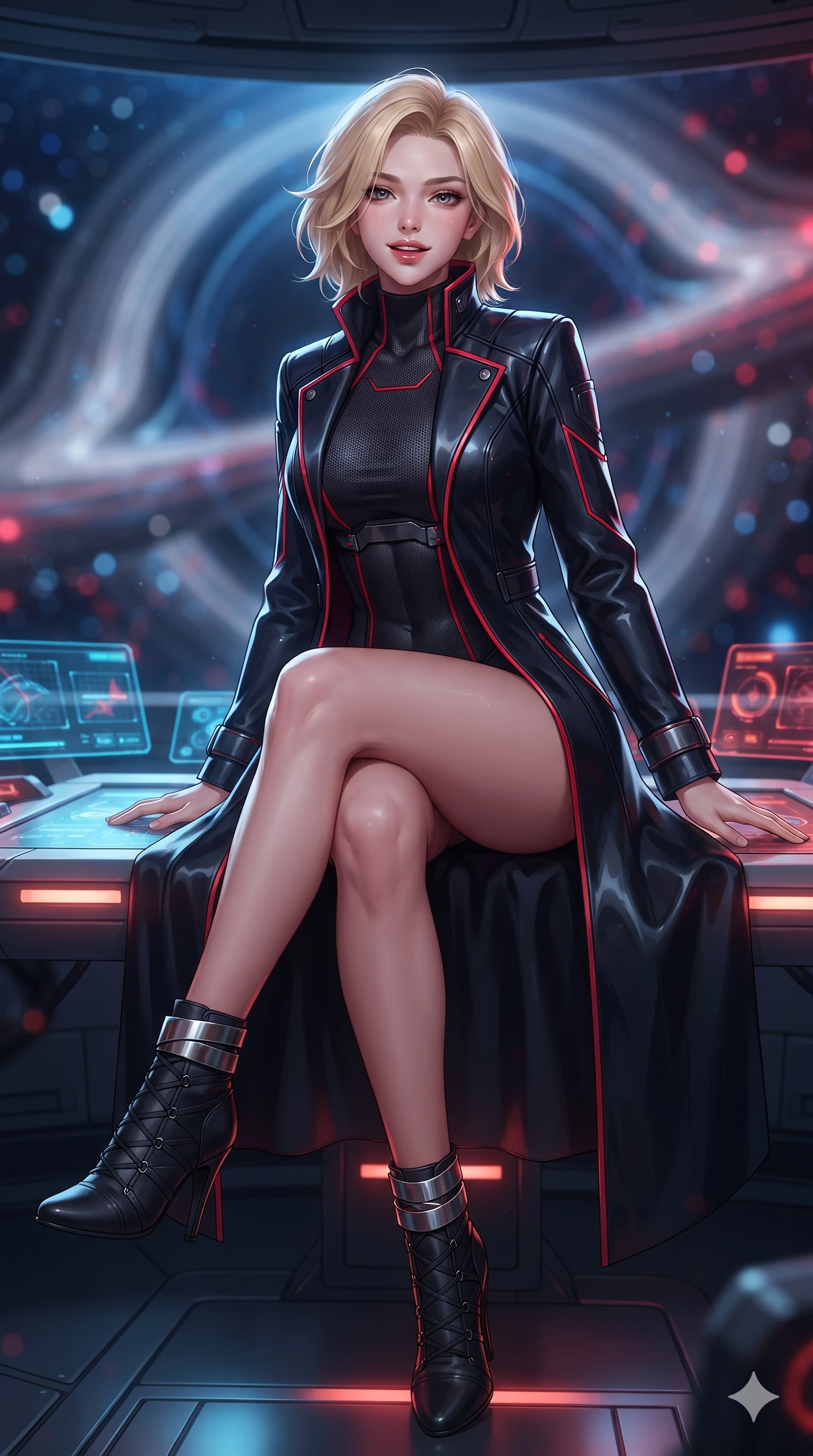 score_9, masterpiece, best quality, ultra-detailed, high-budget anime keyframe, editorial fashion photography, tasteful artistic composition, Caucasian woman. close-up cowboy shot from the waist and thighs up, the character dominates the composition, filling the frame with her large presence. twisting her slender torso in an alluring S-curve, dynamic rim light painting her narrow waist and curvy hips in fire while sitting gracefully on the elevated sensor console with legs crossed, flashing an enchanting, confident smile with parted glossy lips. The background shows a soft-focus warped gravitational lensing rings, blue and crimson Doppler-shifted plasma waves, and distant star clusters blurred into sapphire, ruby, and obsidian bokeh. She has an exceptionally elegant, slender, and willowy female figure with an ultra-slim waist, flat toned midriff, narrow ribcage, and sculpted feminine hips creating an alluring, slim hourglass silhouette without bulk. sharp v-shaped jawline, high-bridge nose, intricate jewel-like sparkling eyes with depth, thick eyelashes, glossy parted lips with a natural sheen, bright confident smile with an enchanting and coquettish sensual glint, exuding both youthful magnetic charm and sovereign high-tech allure, flawlessly proportioned anatomical accuracy, strict slender model proportions, natural body alignment, perfectly sculpted long slender limbs, ultra-slim waistline, clean dynamic posture without body distortion. wearing a structured aerospace commander greatcoat layered over an armored high-neck knit underlayer in midnight black lacquer and vibrant scarlet neon, made of flexible bullet-resistant ballistic microfiber with high-tensile strength, complemented by strappy stiletto combat boots with metallic ankle wraps accentuating her slender calves, the impeccably tailored cut draping gracefully along her slender figure with aristocratic poise. illuminated by polished floor bounce and sharp dual cyan-crimson rim lights defining her razor-sharp jawline, narrow waist, and curvy hips. ultra-reflective glossy finish, specular highlights, rich textural contrasts, high-contrast stereoscopic depth, volumetric dynamic lighting, 2k, ultra detail, master piece, 9:16 ratio