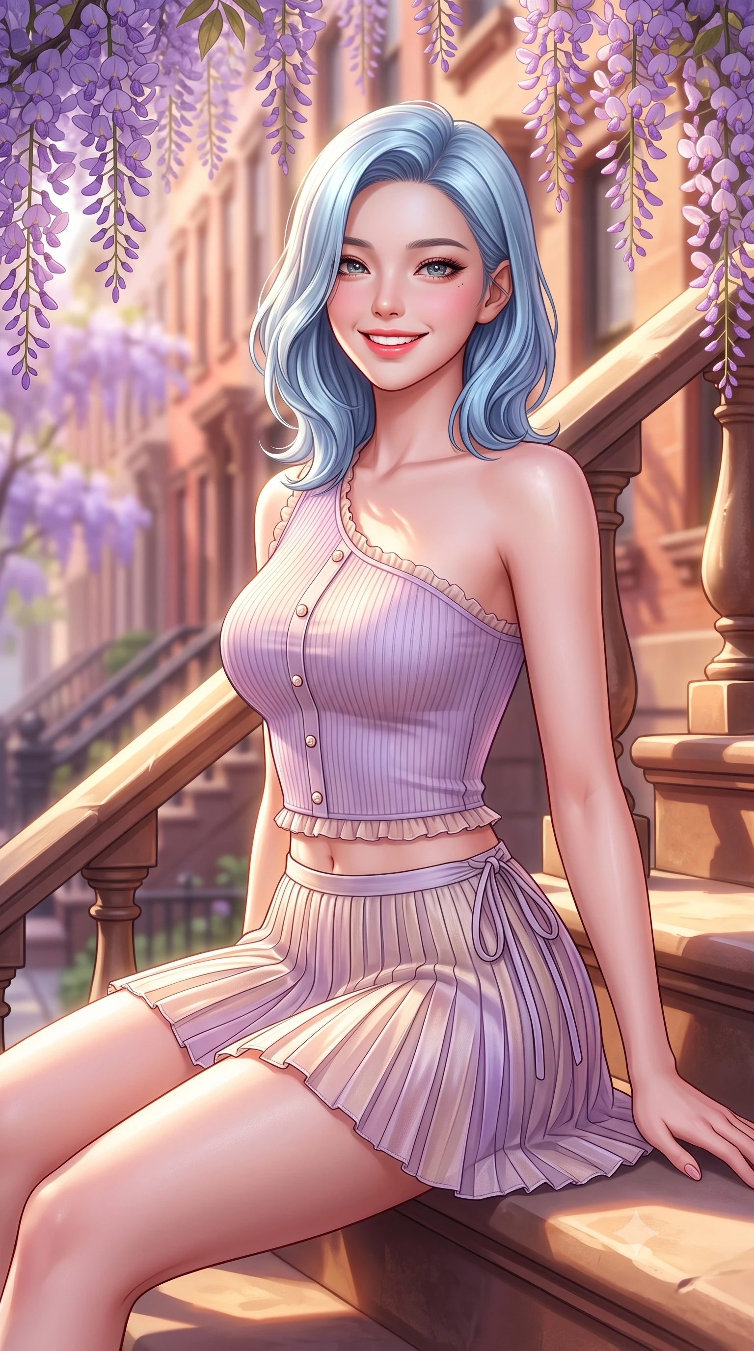 score_9, masterpiece, best quality, ultra-detailed, high-budget anime keyframe, semi-realistic 3D game render, editorial fashion photography, tasteful artistic composition, Korean woman. close-up cowboy shot from the waist and thighs up, the character dominates the composition, filling the frame with her large presence. leaning back against the sunlit railing with relaxed seductive grace, her flat midriff and narrow waist highlighted as she smiles brightly with bewitching eyes while sitting gracefully on the warm brownstone stone steps beneath cascading purple wisteria vines, arching her lower back with a radiant, cute smile. The composition keeps background elements in soft focus with dreamy creamy bokeh. blooming purple wisteria vines and tree-lined historic West Village brownstones blurred into soft lavender, warm terracotta, and gold bokeh. She has an exceptionally elegant, slender, and willowy female figure with an ultra-slim waist, flat toned midriff, narrow ribcage, and sculpted feminine hips creating an alluring, slim hourglass silhouette without bulk. sharp v-shaped jawline, high-bridge nose, intricate jewel-like sparkling eyes with depth, thick eyelashes, glossy parted lips with a natural peach sheen, bright cheerful beaming smile with an enchanting and coquettish sensual glint, exuding both youthful cute charm and seductive allure, flawlessly proportioned anatomical accuracy, strict slender model proportions, natural body alignment, perfectly sculpted long slender limbs, ultra-slim waistline, clean dynamic posture without body distortion. wearing an asymmetrical one-shoulder ribbed top paired with a micro-pleated skirt with side hip ties in soft lilac and champagne shimmer, woven from layered gossamer organza with weightless flutter, finished with subtle ruffle trims and delicate pearl buttons, the glove-like silhouette tightly following the natural contour of her hips and long slender legs with youthful 8.5-heads elegance. illuminated by warm sandstone stoop bounce light contouring her razor-sharp jawline, narrow waist, and curvy hips. highly saturated vibrant anime colors, detailed shading with soft gradients, rich glossy textures, high-contrast stereoscopic depth, volumetric dynamic lighting, master piece, 9:16 ratio