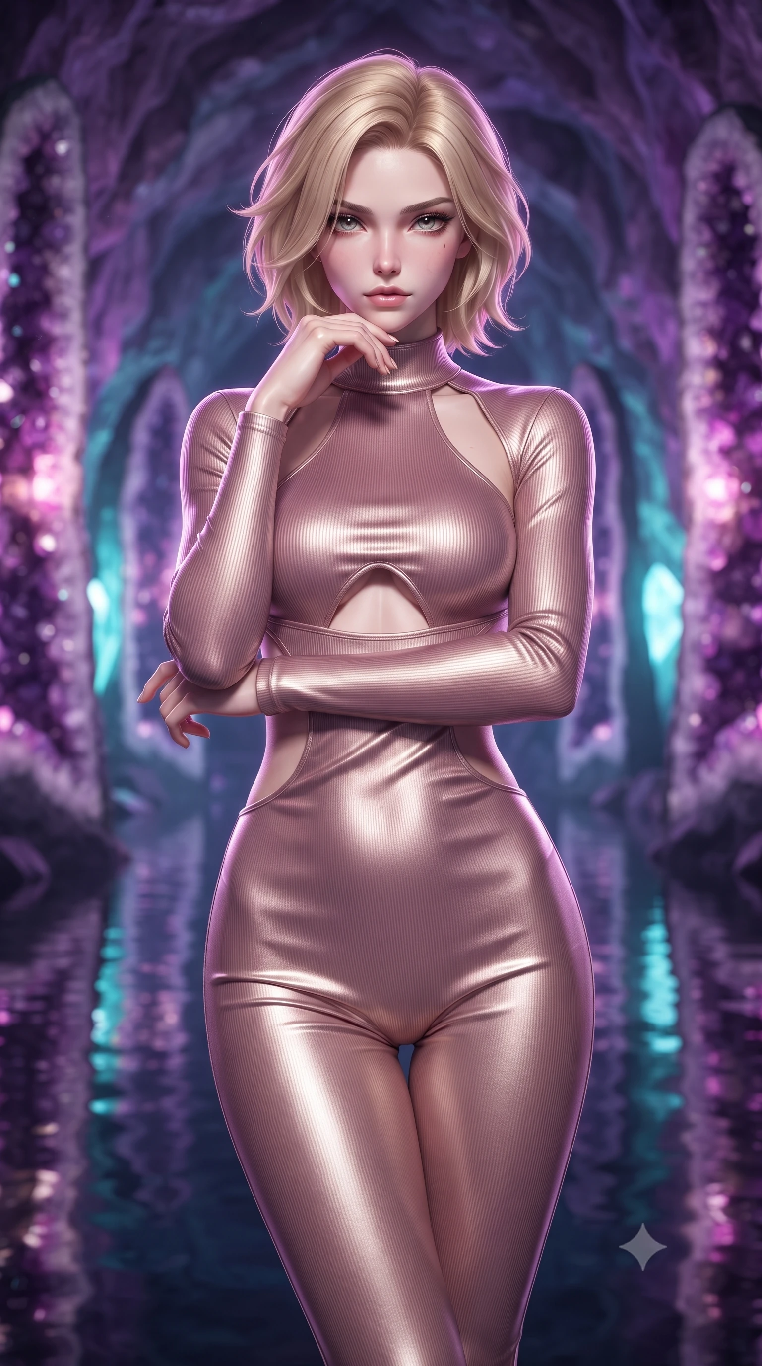 score_9, masterpiece, best quality, ultra-detailed, high-budget anime keyframe, editorial fashion photography, tasteful artistic composition, Caucasian woman. close-up cowboy shot from the waist and thighs up, the character dominates the composition, filling the frame with her large presence, background elements kept in soft focus. Resting her chin on the backs of her fingers, casting a sharp, mysterious gaze standing inside a breathtaking cavern lined with massive amethyst geode pillars, still mirror-like water below reflecting her statuesque figure flawlessly. She has an exceptionally elegant, slender, and willowy female figure with an ultra-slim waist, a gracefully sculpted slender torso, and a refined silhouette. sharp v-shaped jawline, high-bridge nose, intricate jewel-like eyes with depth, thick eyelashes, glossy lips with a natural sheen. wearing a form-fitting ribbed activewear set with collar cutouts in dusty rose and champagne gold, crafted from lustrous satin jersey with fluid draping, featuring clean architectural cutouts along her slender torso, the form-contouring material highlighting her ultra-slim waist and long lines. illuminated by radiant purple, magenta, and cyan crystal inner glow. ultra-reflective glossy finish, specular highlights, metallic sheen, high-contrast stereoscopic depth, volumetric dynamic lighting, 2k, ultra detail, master piece, 9:16 ratio