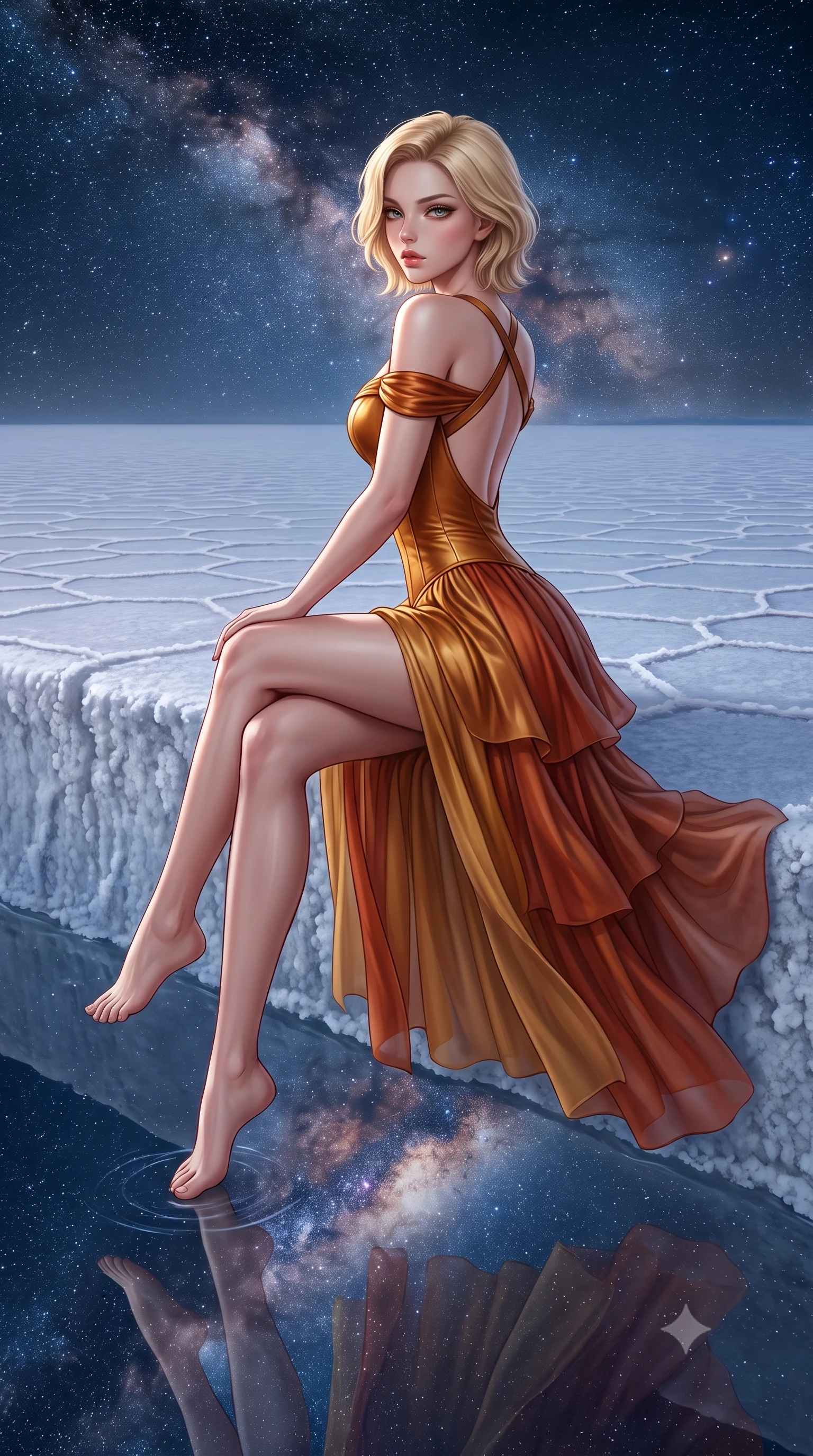 score_9, masterpiece, best quality, ultra-detailed, high-budget anime keyframe, semi-realistic 3D game render, editorial fashion photography, tasteful artistic composition, Caucasian woman. low angle full-body shot from head to toe showing her feet, filling the entire 9:16 vertical frame with her statuesque presence, stretching her vertical silhouette. sitting perched on the elevated edge with hips angled toward the camera and legs crossed, displaying her toned midriff and flawlessly sculpted slender limbs while standing in paper-thin water on the infinite salt flat, arching her back as the entire Milky Way galaxy reflects flawlessly beneath her feet like a celestial mirror. The surrounding environment is rendered in vivid detail and crisp panoramic clarity. sharp water surface mirror reflections, hexagonal salt crust polygons beneath water, and starlight points in deep focus. She has an exceptionally tall and slender model-like 8.5-heads proportion, an ultra-slim waist, a flat toned midriff, narrow delicate ribcage, and beautifully sculpted feminine hips creating a graceful, slim hourglass silhouette without any bulky heaviness, with impossibly long slender legs. sharp v-shaped jawline, high-bridge nose, intricate jewel-like eyes with depth, thick eyelashes, glossy parted lips with a natural sheen, intensely captivating and seductive bedroom-eyes expression, flawlessly proportioned anatomical accuracy, strict slender model proportions, natural body alignment, perfectly sculpted long slender limbs, ultra-slim waistline, clean dynamic posture without body distortion. wearing an off-shoulder French court corset bodice dress paired with a tiered translucent chiffon slit skirt in molten desert gold and burnt terracotta, formed from supple second-skin lambskin leather with specular sheen, finished with criss-cross back satin straps highlighting her graceful shoulder blades, the dramatically scooped open back descending to the base of her spine, accentuating her razor-sharp statuesque lines and slim hourglass silhouette. illuminated by soft ambient celestial rim lighting sharply sculpting her razor-sharp jawline, narrow waist, and curvy hips. highly saturated vibrant anime colors, detailed shading with soft gradients, rich glossy textures, high-contrast stereoscopic depth, volumetric dynamic lighting, master piece, 9:16 ratio