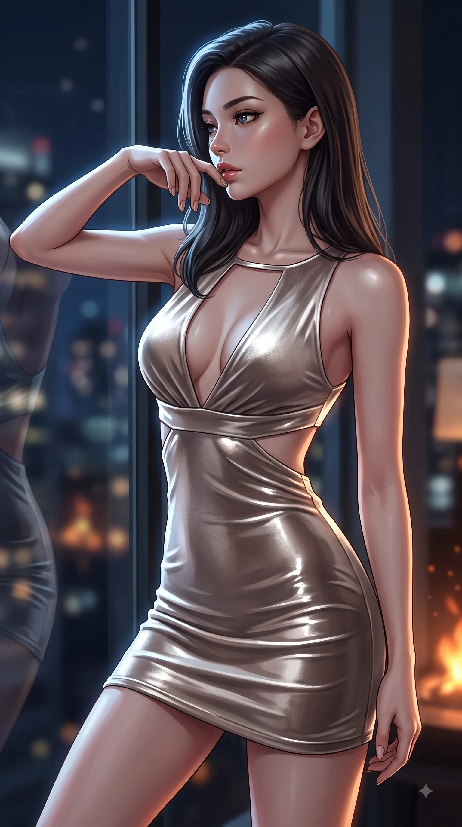 score_9, masterpiece, best quality, ultra-detailed, high-budget anime keyframe, editorial fashion photography, tasteful artistic composition, Japanese woman. close-up cowboy shot from the waist and thighs up, the character dominates the composition, filling the frame with her large presence, background elements kept in soft focus. Resting two fingers near her glossy lips, casting a sharp mysterious side-gaze during her dynamic motion while leaning against a panoramic glass window at midnight, her eyes casting a smoldering, magnetic gaze, soft moonlight tracing her slender shoulder, graceful clavicle, and contoured waistline elegantly. She has an exceptionally elegant, slender, and willowy female figure with an ultra-slim waist, a gracefully sculpted slender torso, and a refined silhouette. sharp v-shaped jawline, high-bridge nose, intricate jewel-like eyes with depth, thick eyelashes, glossy lips with a natural sheen, flawlessly proportioned anatomical accuracy, natural body alignment, perfectly sculpted elegant limbs, clean dynamic posture without body distortion. wearing a liquid mercury gloss mini dress with ultra-deep V-neck and waist cutouts in muted taupe and soft ivory, made of premium stretch velvet with a rich sheen, accented with a Tasteful chest slit framing her clavicle gracefully, the form-contouring material highlighting her ultra-slim waist and long lines. illuminated by glowing hearth embers and dramatic city night rim light. ultra-reflective glossy finish, specular highlights, metallic sheen, high-contrast stereoscopic depth, volumetric dynamic lighting, 2k, ultra detail, master piece, 9:16 ratio