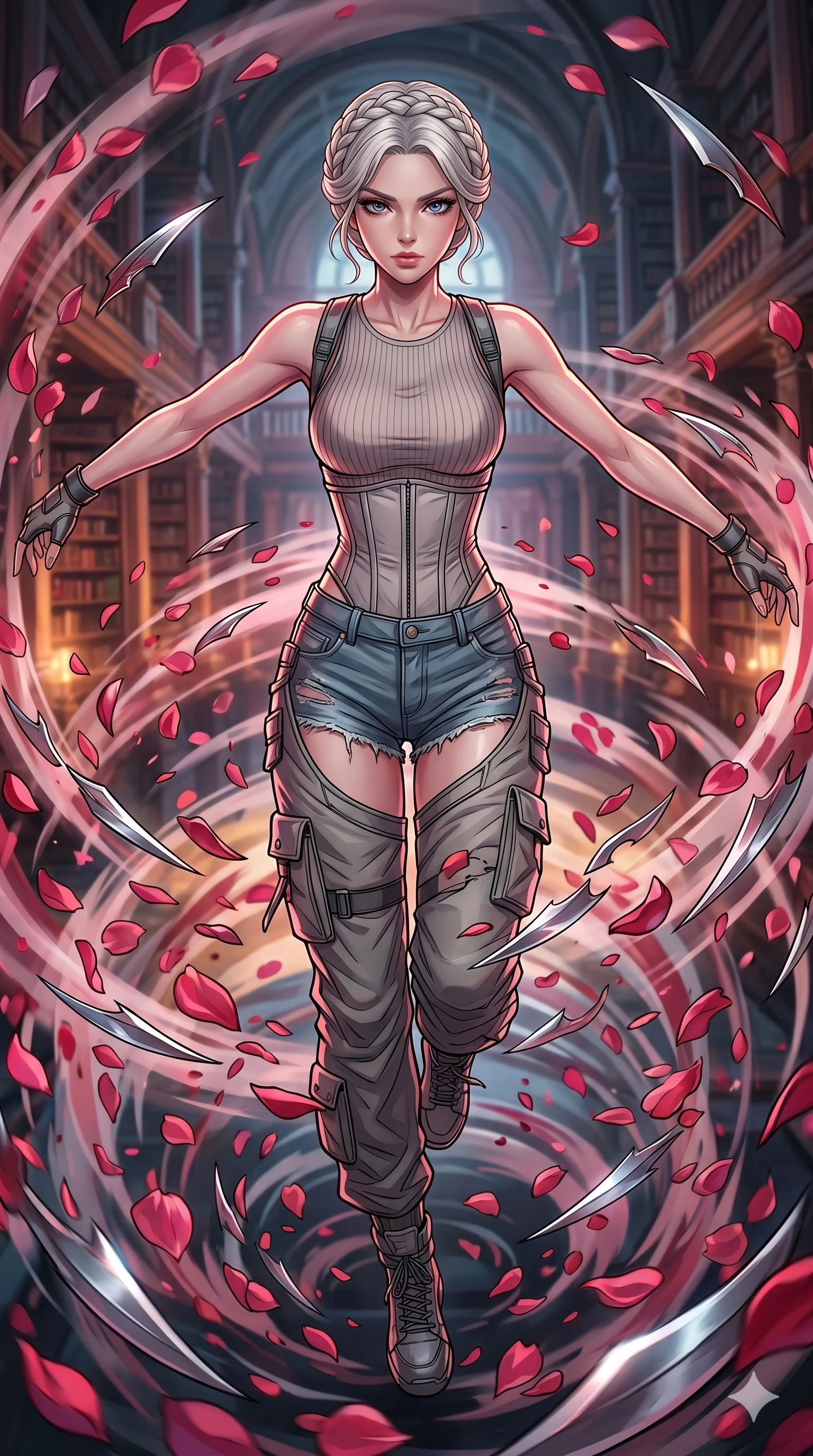 score_9, masterpiece, best quality, ultra-detailed, high-budget anime movie keyframe, cinematic anime lighting, intricate line art, Caucasian (strictly human ears) woman. Extreme high angle shot as she leaps towards the camera, filling the frame. spinning in a whirlwind of rose petals that turn into blades. She has an absolutely perfect 8-heads proportion, an exceptionally tall and slender female figure with graceful and slender proportions. strictly human anatomy, two legs only, no extra limbs, clearly defined legs and arms, perfect anatomy, perfect hands and fingers. sharp v-shaped jawline, high-bridge nose, intricate jewel-like eyes, thick eyelashes, glossy lips. Wearing Urban Trendsetter: Ribbed bodycon dress, crop top with high-waist denim, and elegant corset with cargo pants. The scene is illuminated by dramatic atmospheric lighting and vibrant color palettes. , 2k, ultra detail, master piece, 9:16 ratio
