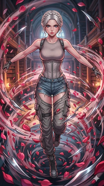 score_9, masterpiece, best quality, ultra-detailed, high-budget anime movie keyframe, cinematic anime lighting, intricate line art, Caucasian (strictly human ears) woman. Extreme high angle shot as she leaps towards the camera, filling the frame. spi